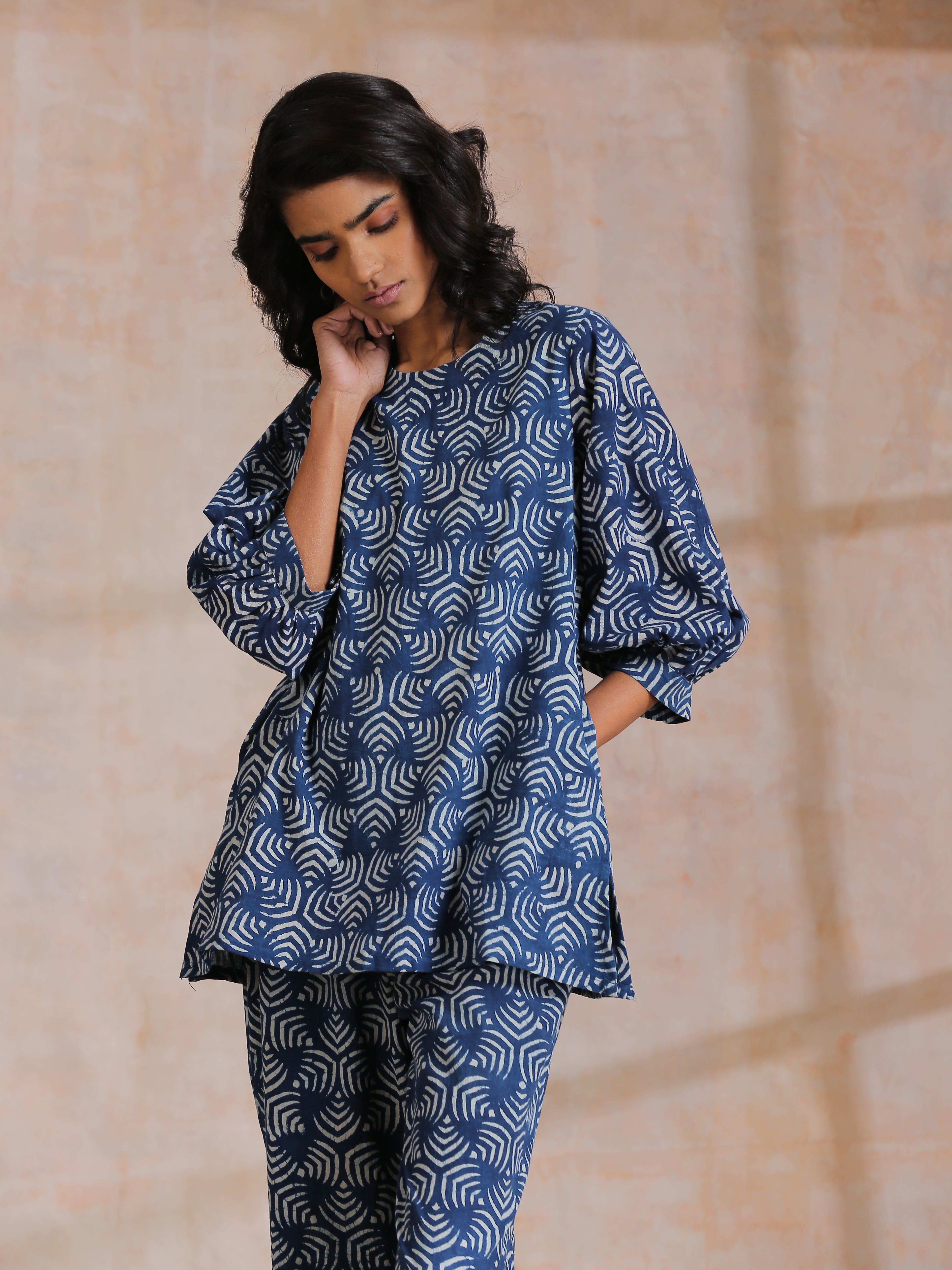 trueBrowns Indigo Dabu Overall Print Cotton Baggy Sleeve Co-Ord Set