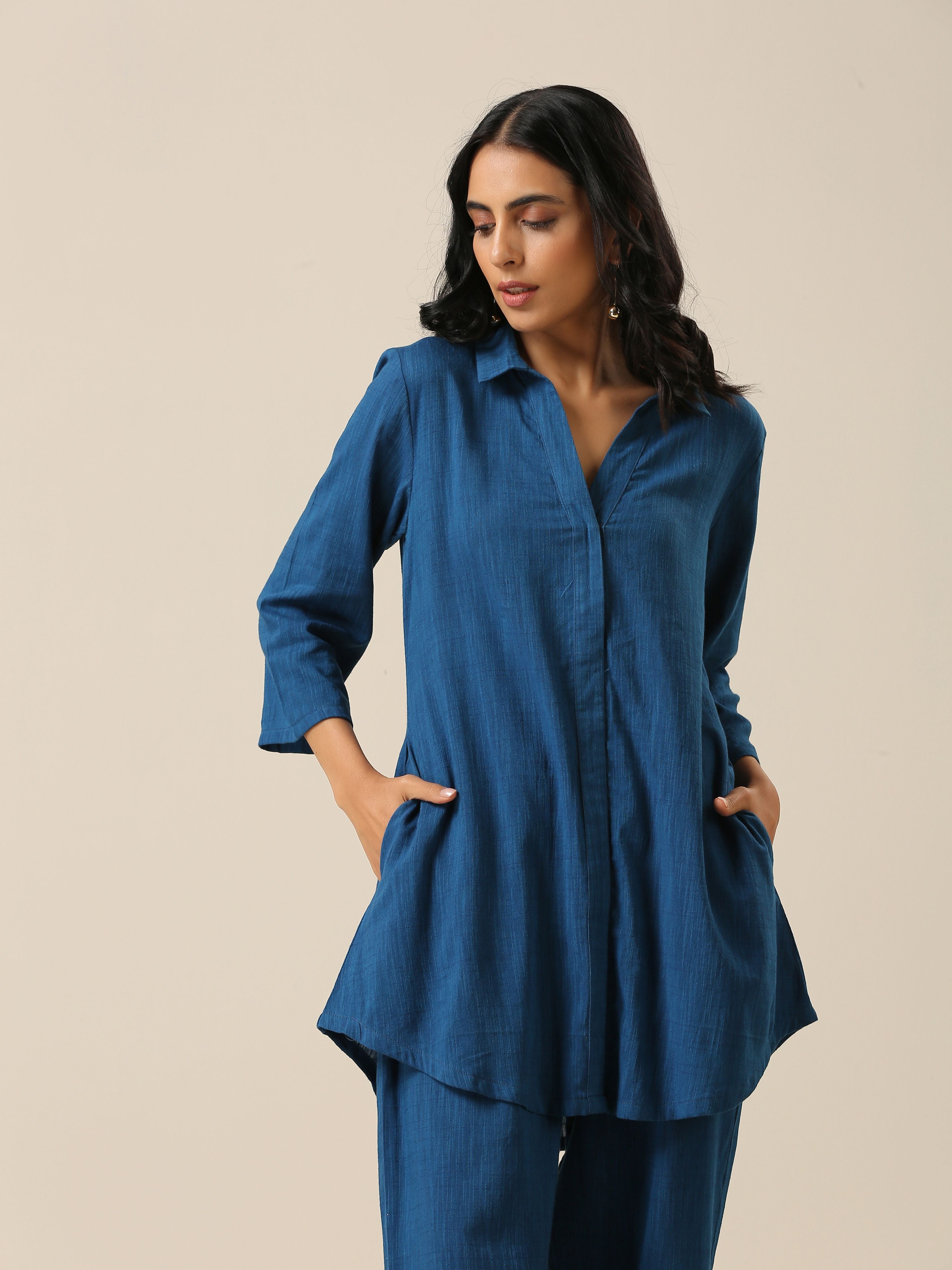 trueBrowns Classic Blue Slub Texture Collar Short Co-Ord Set