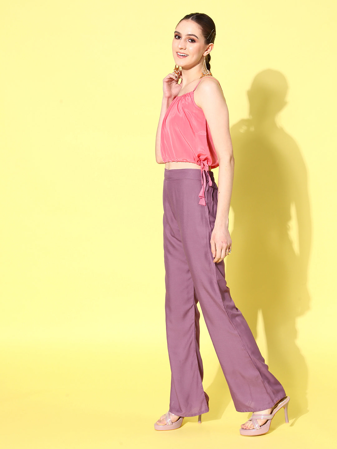 InWeave Women's Mauve Coord Set With Crepe Peach Crop Top