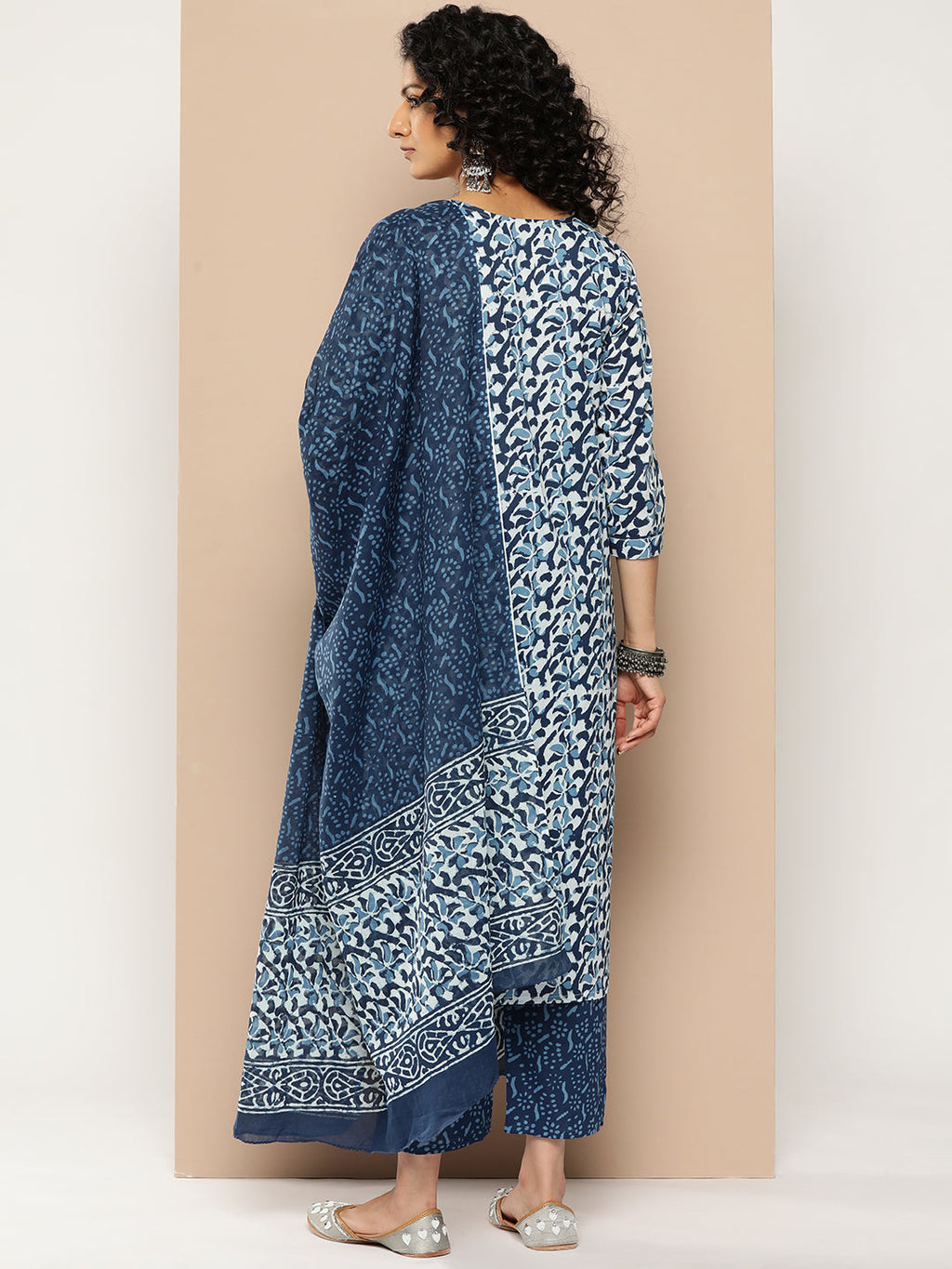 KSUT (House of Varanga) Blue And White Cotton Printed Yoke Design Kurta Paired With Printed Dupatta And Trouser