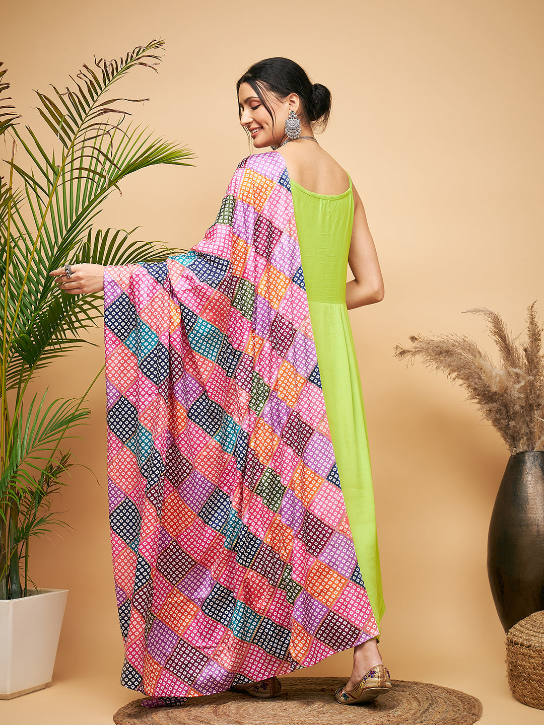 InWeave Women's Lime Green Strappy Set W Square Bandhani Print Silk Dupatta