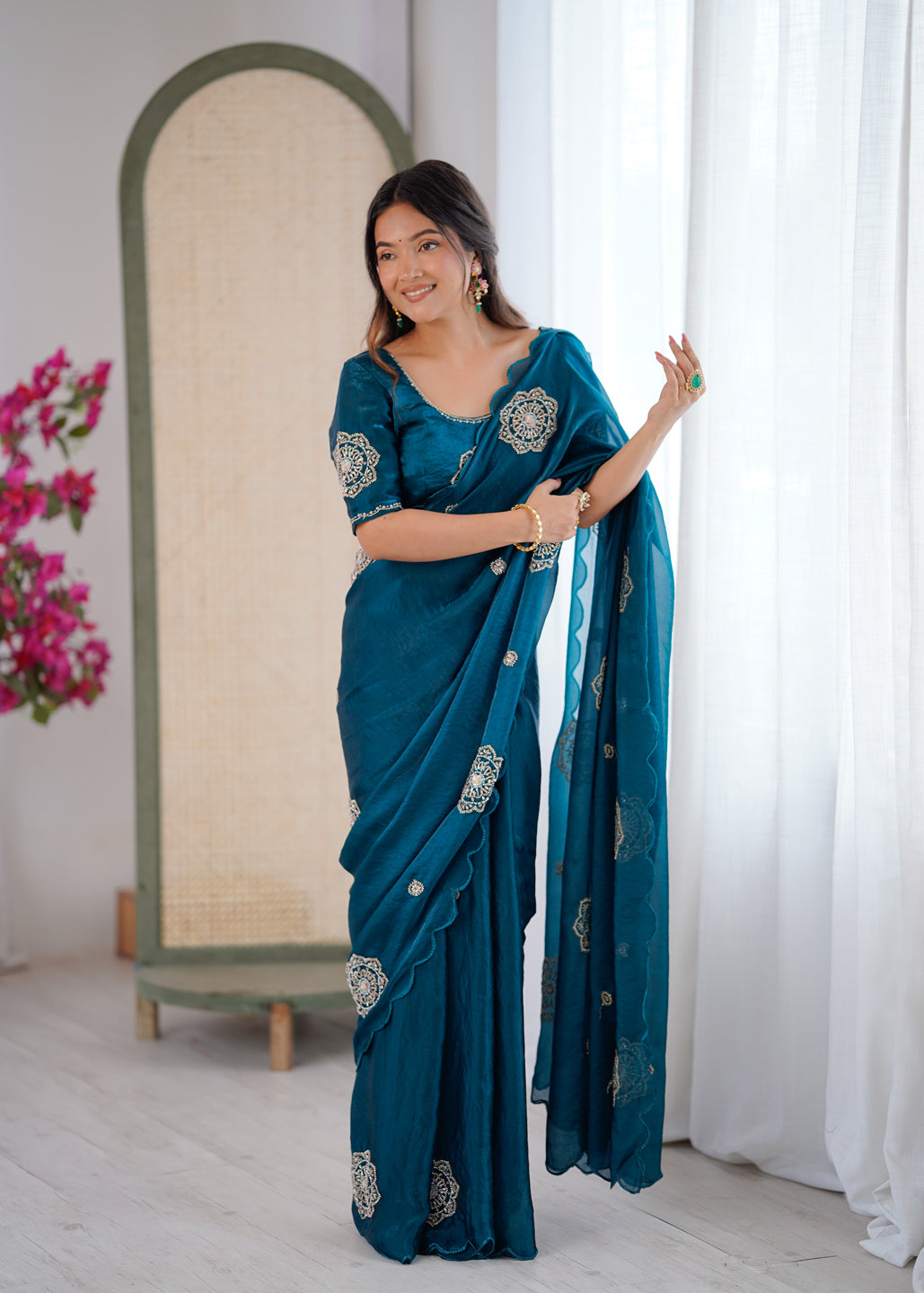 Evanik Designer Heavy Fendy Satin With Beads Embroidered Work Saree With Unstitched Blouse