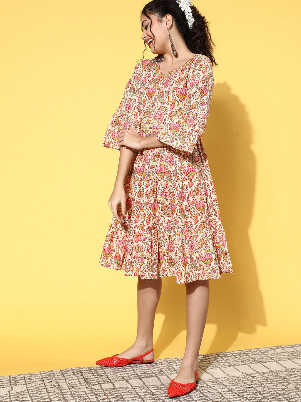InWeave Women's Pink Boota Print Belted Dress