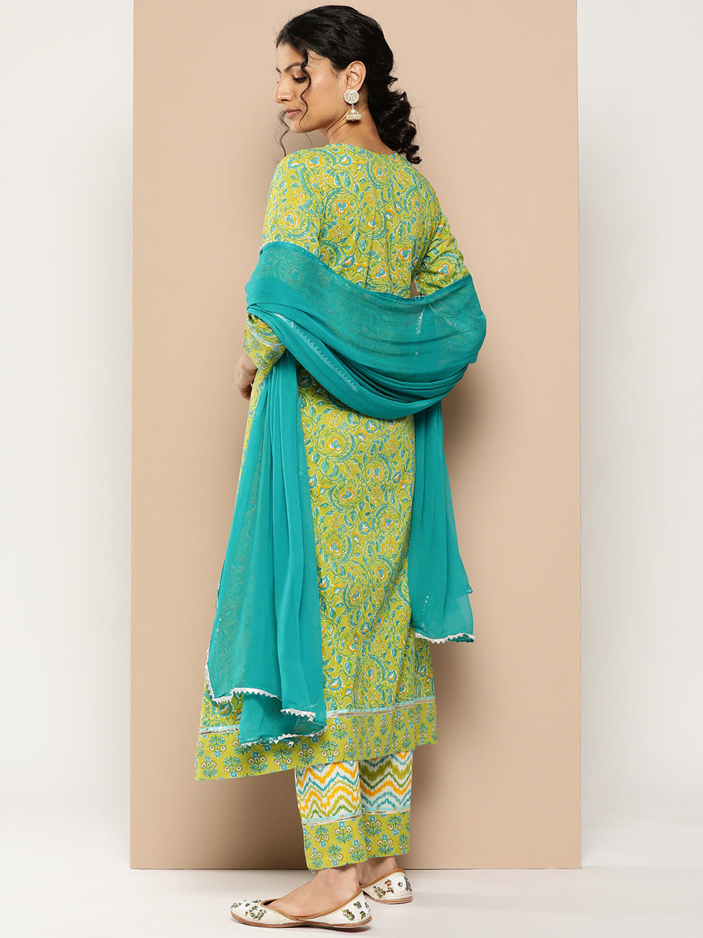 KSUT (House of Varanga) Green Floral Printed A-Line Kurta Paired With Printed Palazzo And Chiffon Dupatta