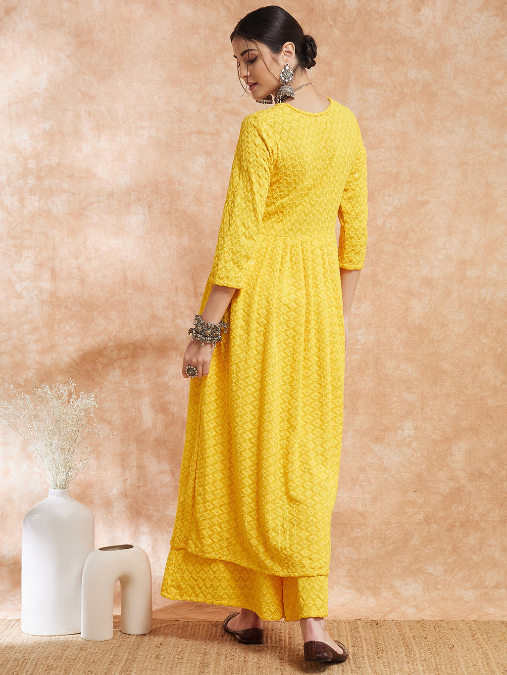InWeave Women's Butter Yellow Chikankari Long Anarkali Kurta Sharara Set