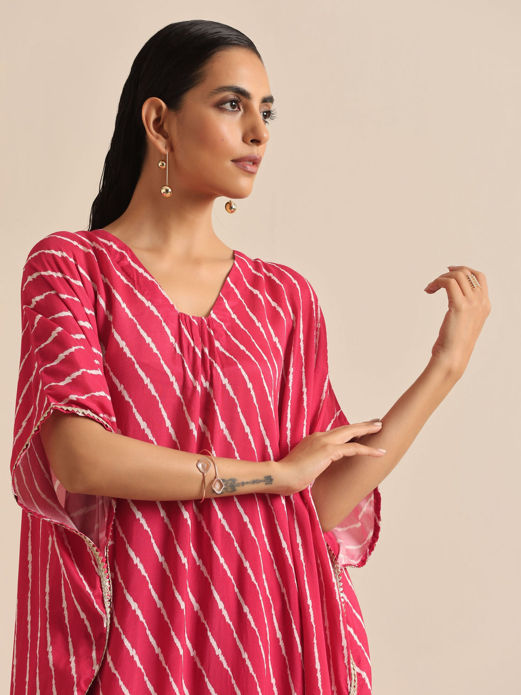 trueBrowns Pink Lehariya Printed Silk Kaftan Pant Set