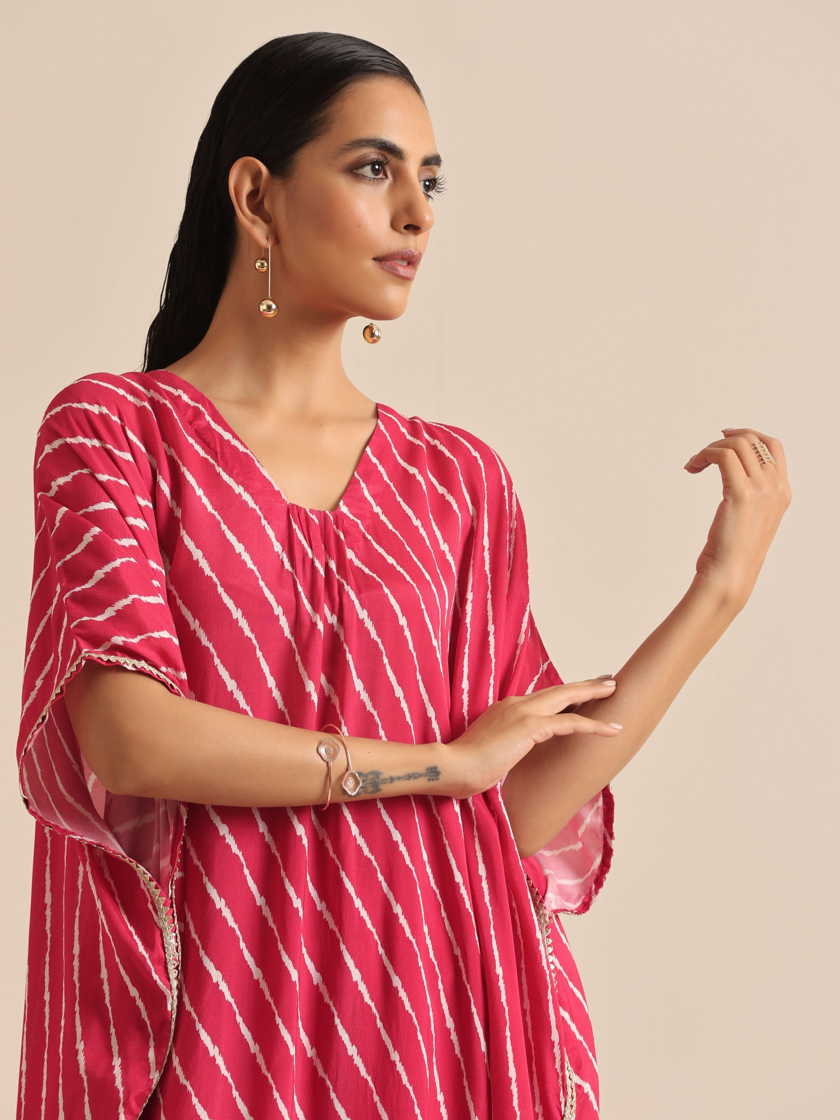 trueBrowns Pink Lehariya Printed Silk Kaftan Pant Set