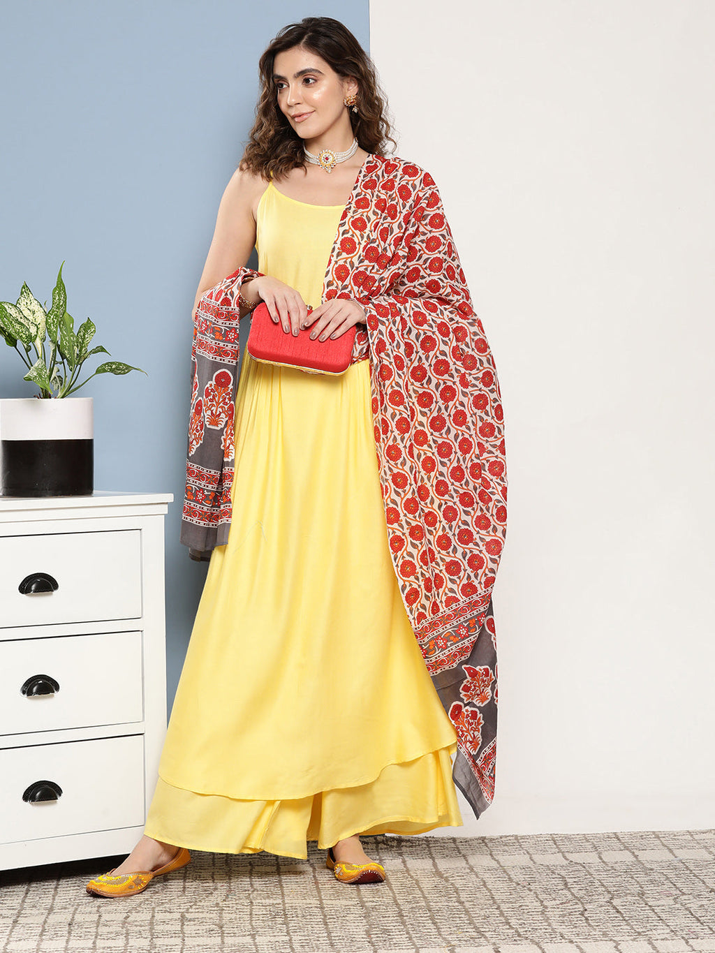InWeave Women's Light Yellow Ray Strappy Set With Orange Floral Cotton Dupatta