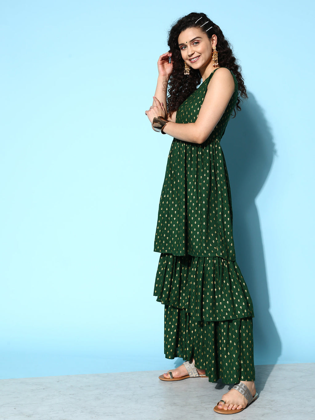 InWeave Women's Forest Green Gold Print Tiered Sharara Set