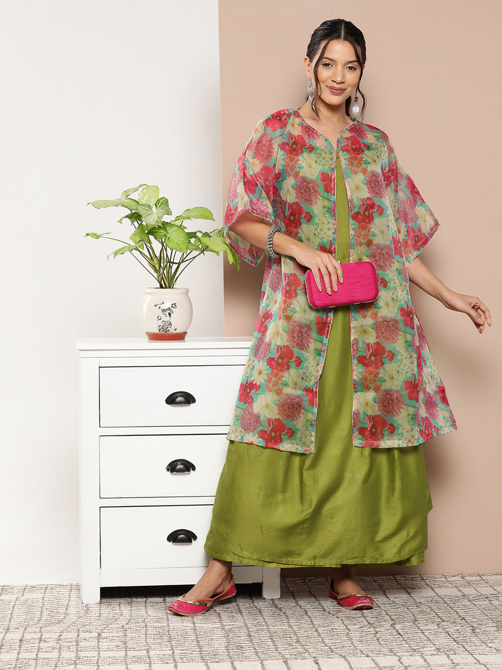 InWeave Women's Olive Green Strappy Set With Pink Green Floral Cape