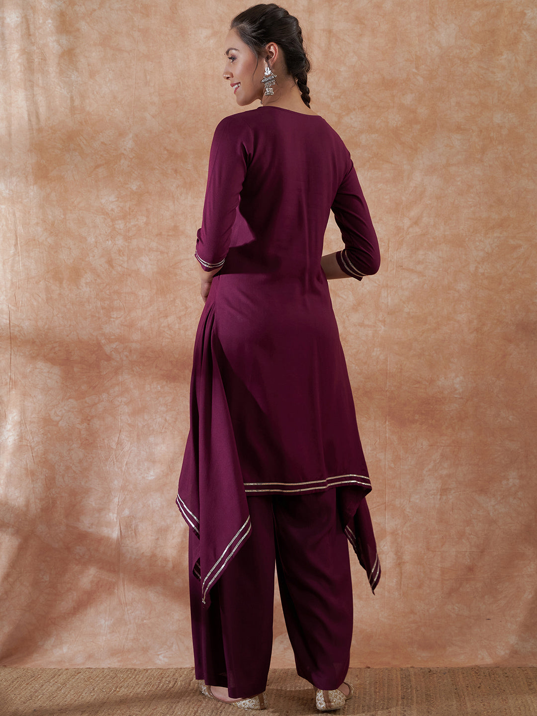 InWeave Women's Burgundy Emb Assymetrical Kurta Pant Set