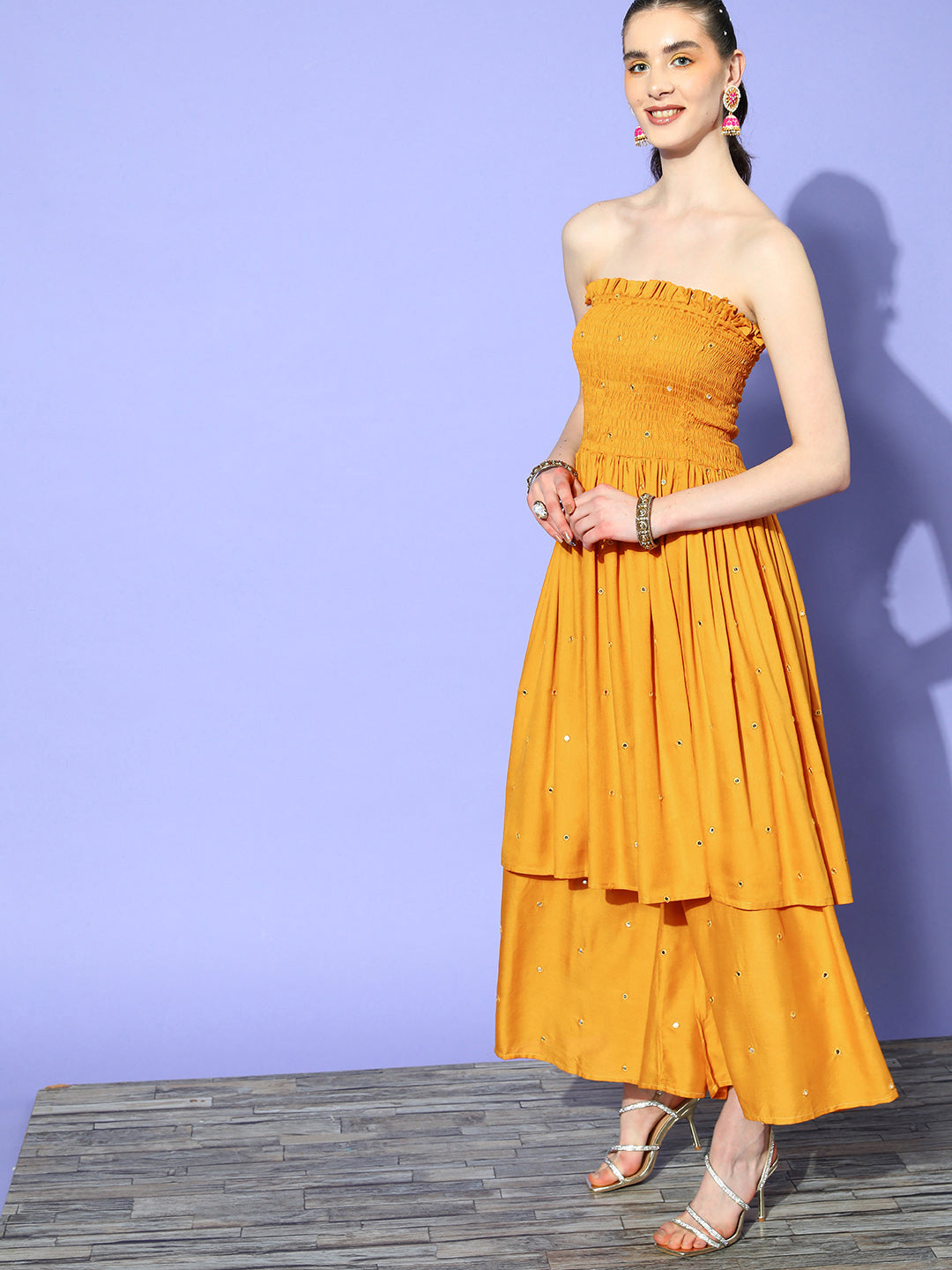 InWeave Women's Mustard Mirror Work Off Shoulder Kurta Set With Dupatta