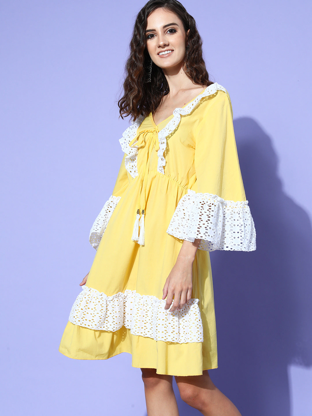 InWeave Women's Yellow Lacy Short Dress