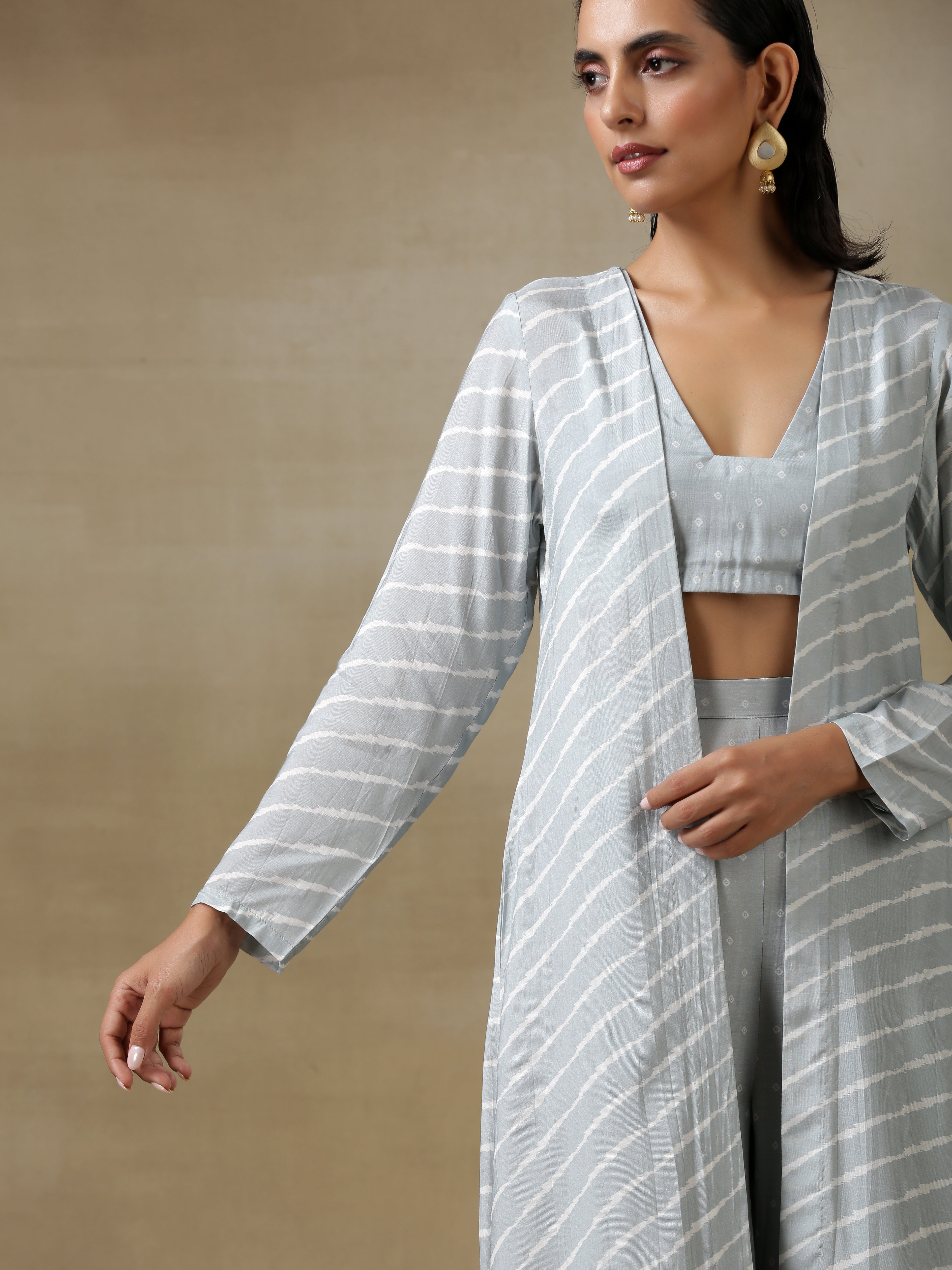 trueBrowns Grey Bandhani Printed Silk Overlay Jacket Blouse Pant Set