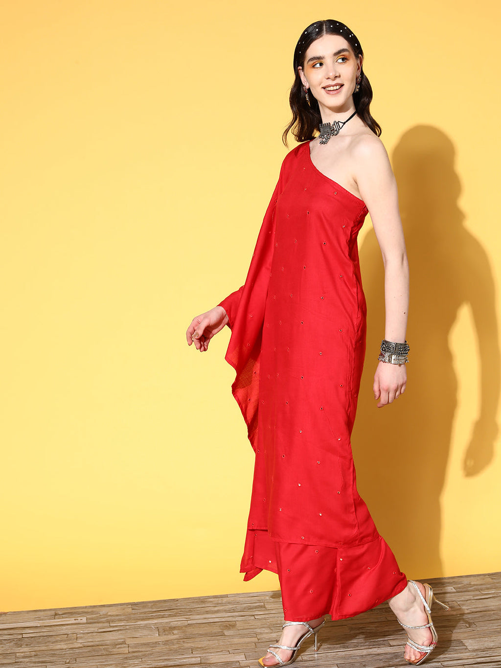 InWeave Women's Red Mirror Work One Shoulder Kurta Set With Dupatta
