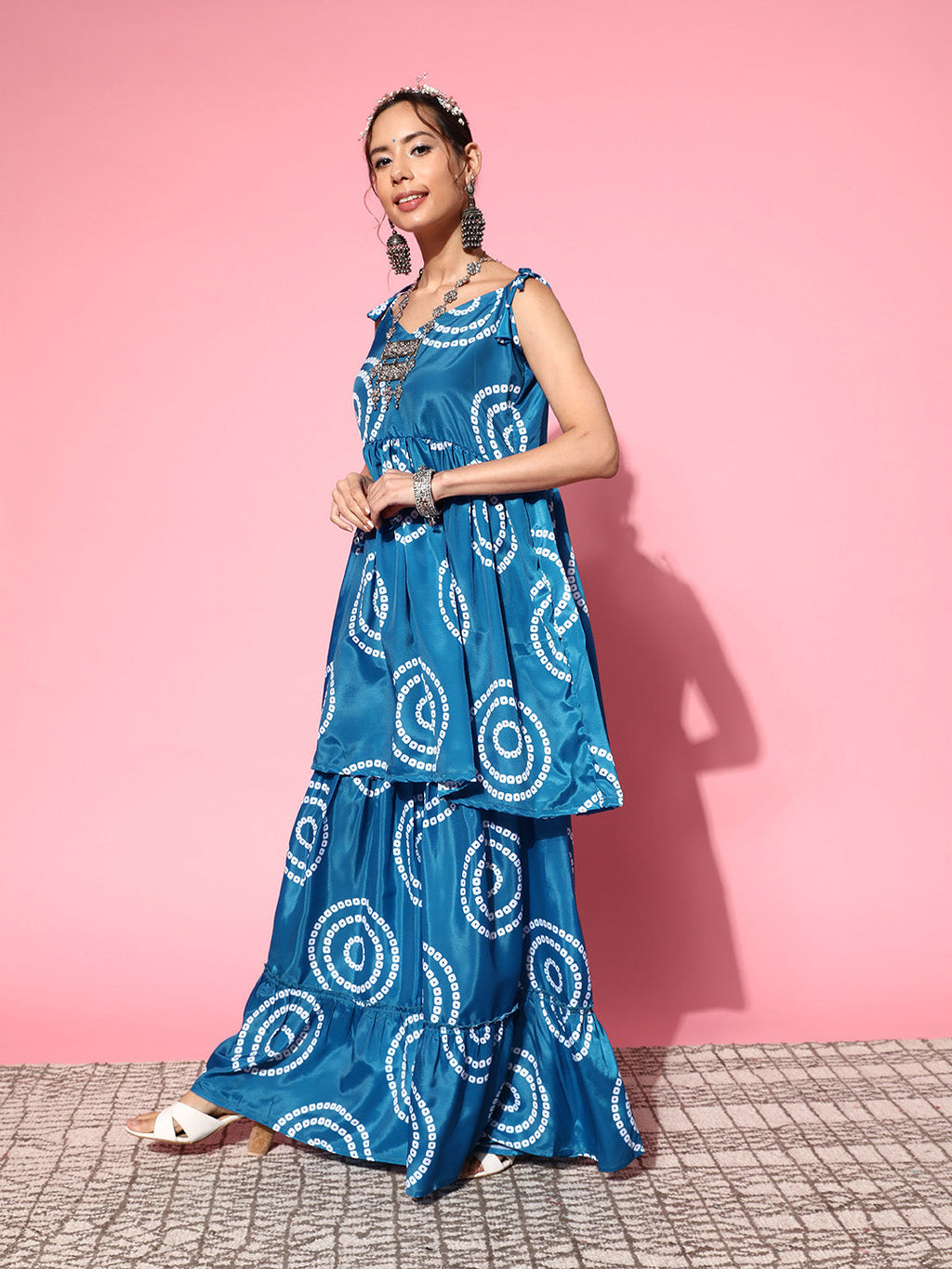 InWeave Women's Blue Bandhani Motif Shoulder Tie Up Kurta Set
