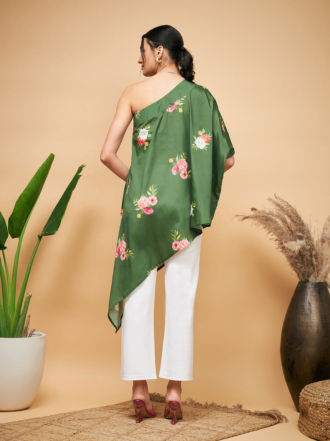 InWeave Women's Green Small Flower One Shoulder Kurta
