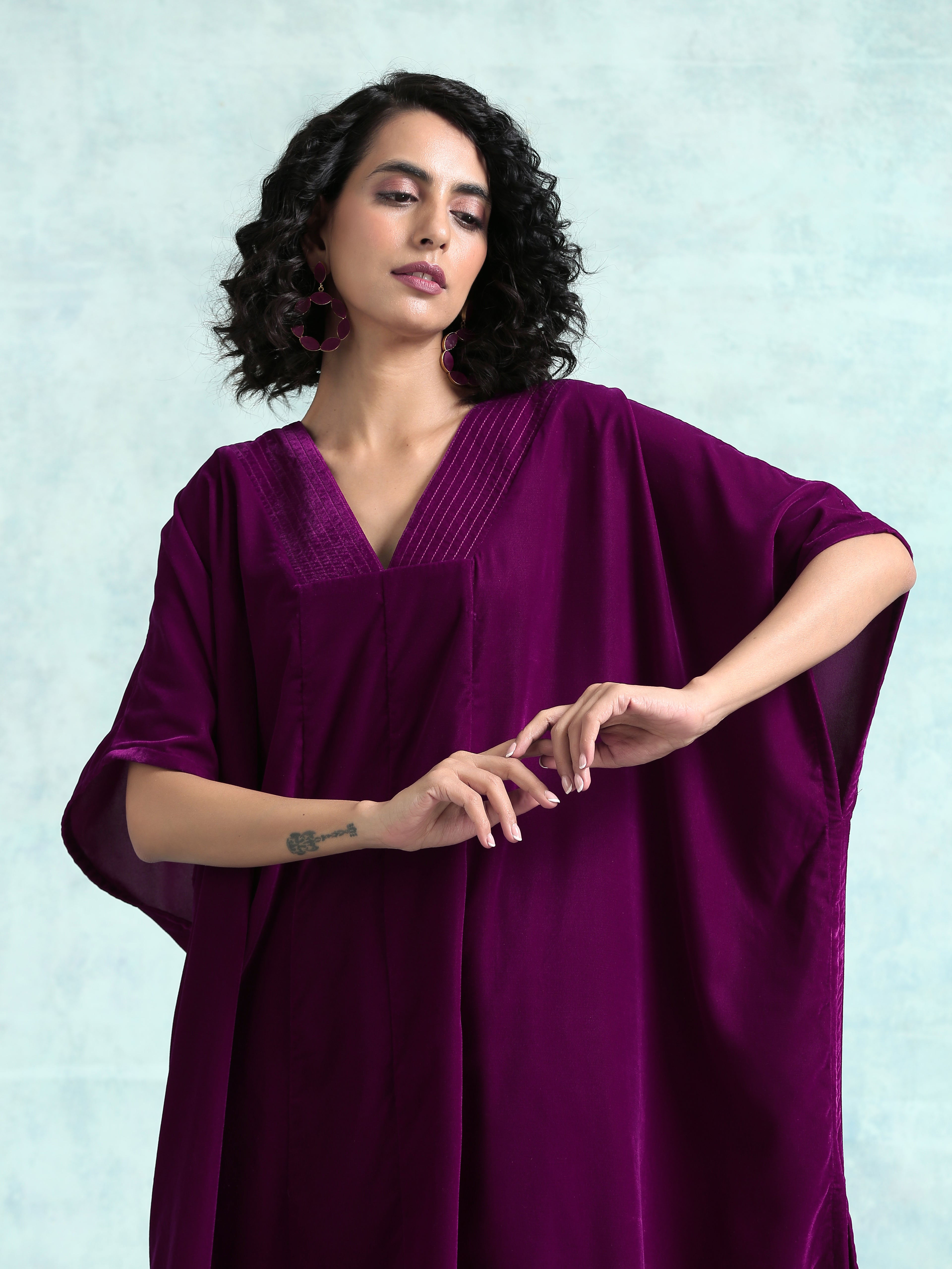 trueBrowns Wine Velvet Kaftan Kurta