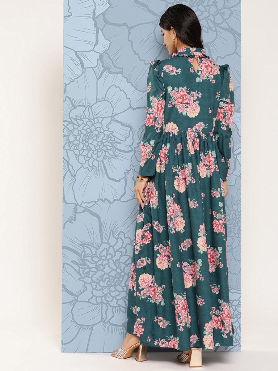 Ahalyaa Floral Print Puff Sleeves Tie-Up Neck Crepe Ethnic Gown With Cut-Out Detail