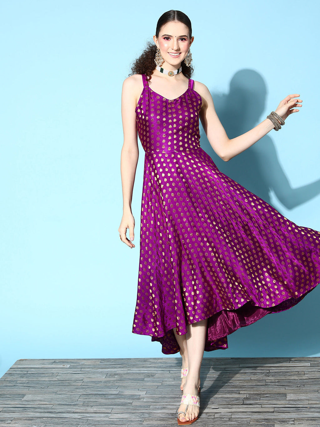 InWeave Women's Wine Gold Small Boota Long Dress