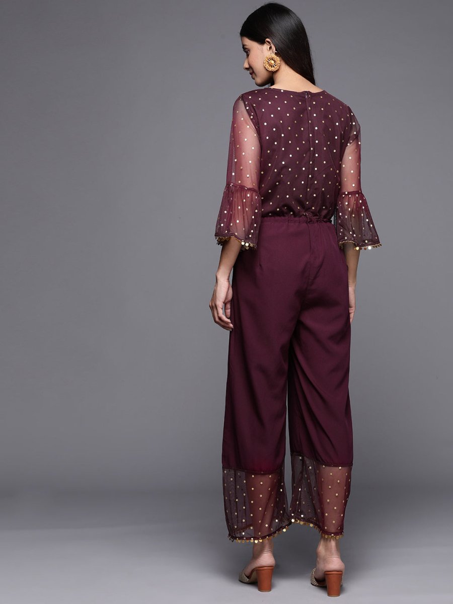 Ahalyaa Printed Bell Sleeves Crepe Basic Jumpsuit With Waist Tie-Ups