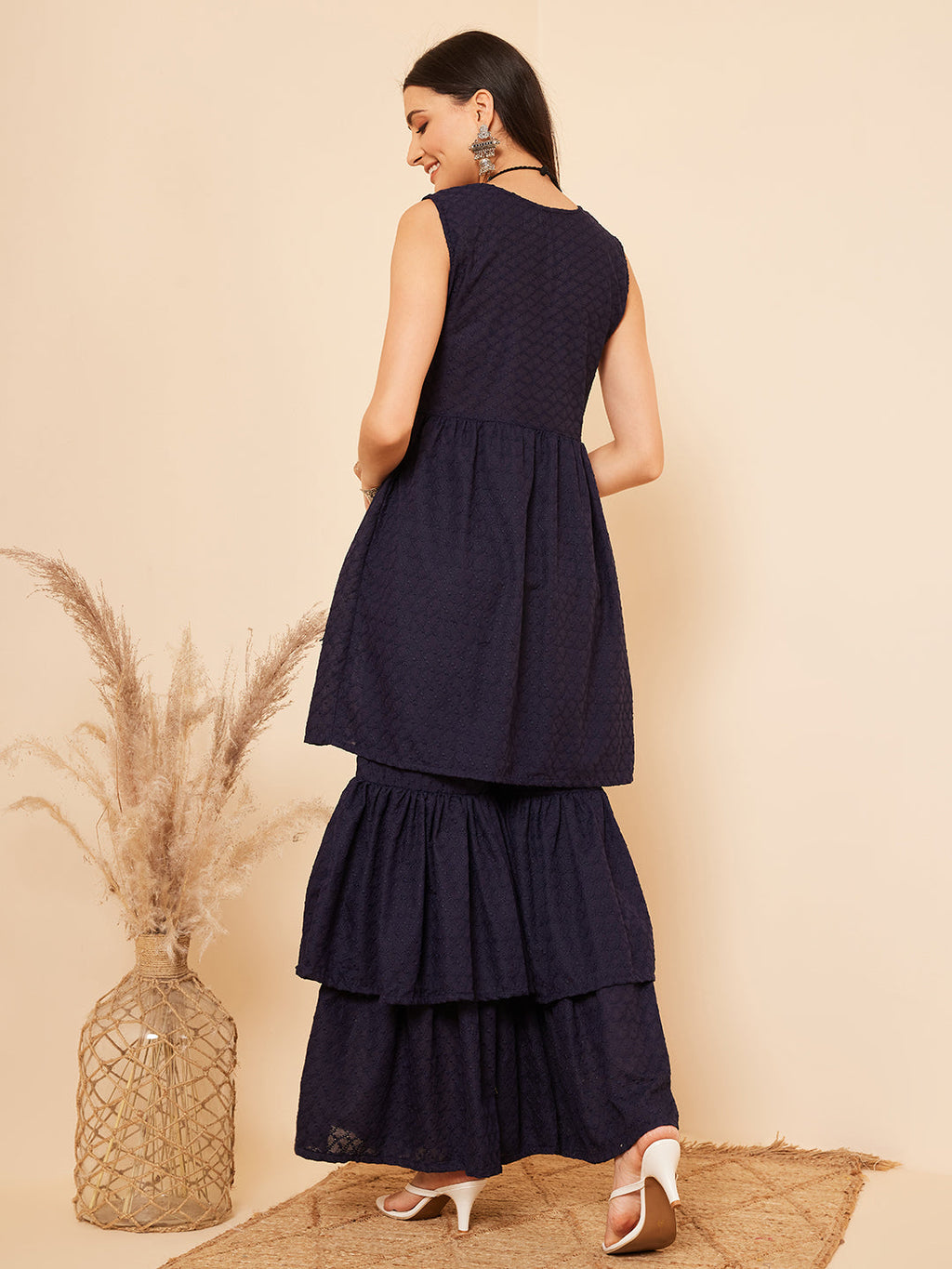 InWeave Women's Navy Blue Lace Work Double Layer Sharara Set