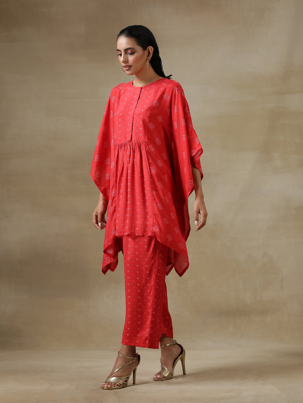 trueBrowns Red Bandhani Printed Silk Kaftan Gathered Co-Ord Set