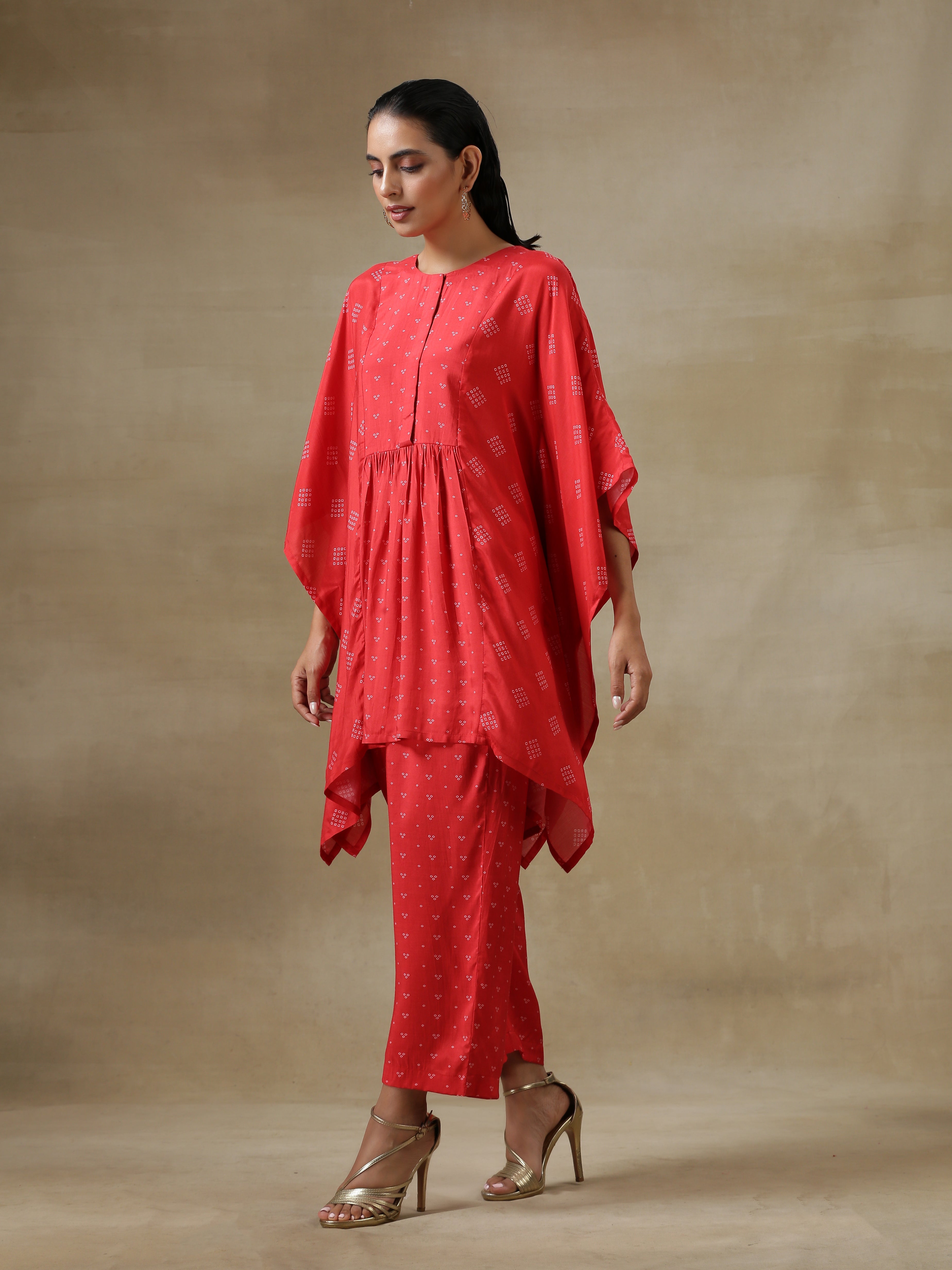 trueBrowns Red Bandhani Printed Silk Kaftan Gathered Co-Ord Set