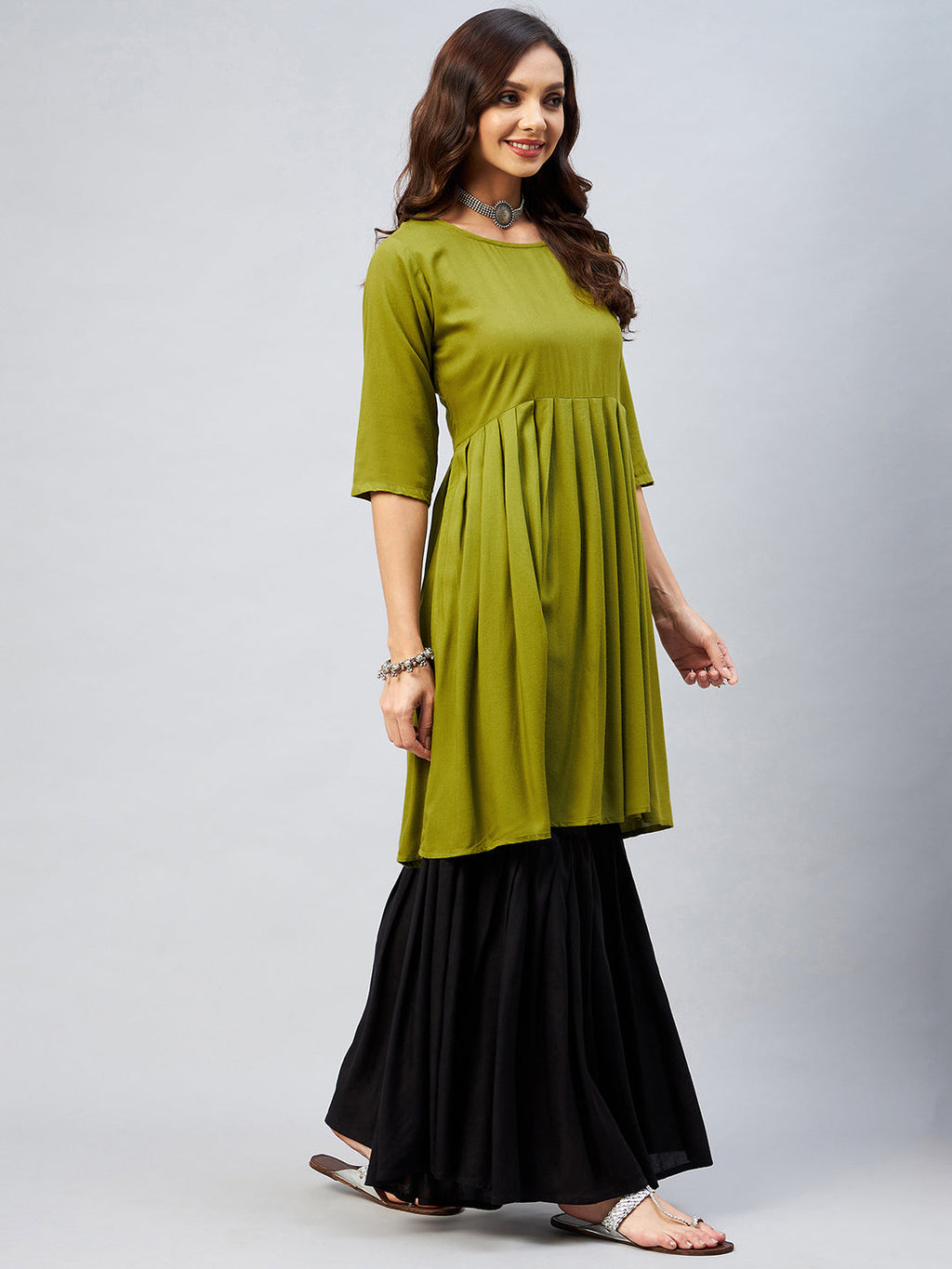 InWeave Women's Olive Short Anarkali Kurta