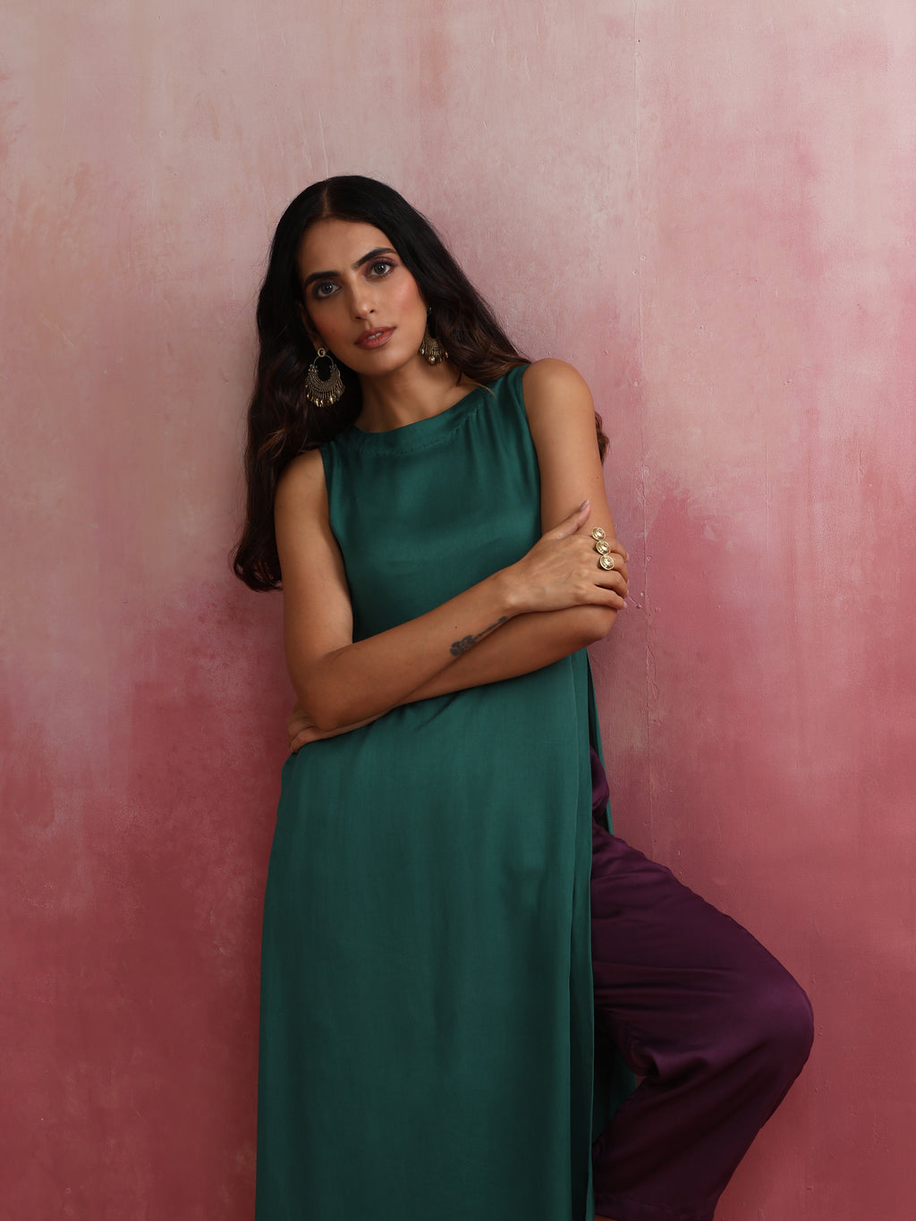 trueBrowns Green Modal High slit Kurta Set