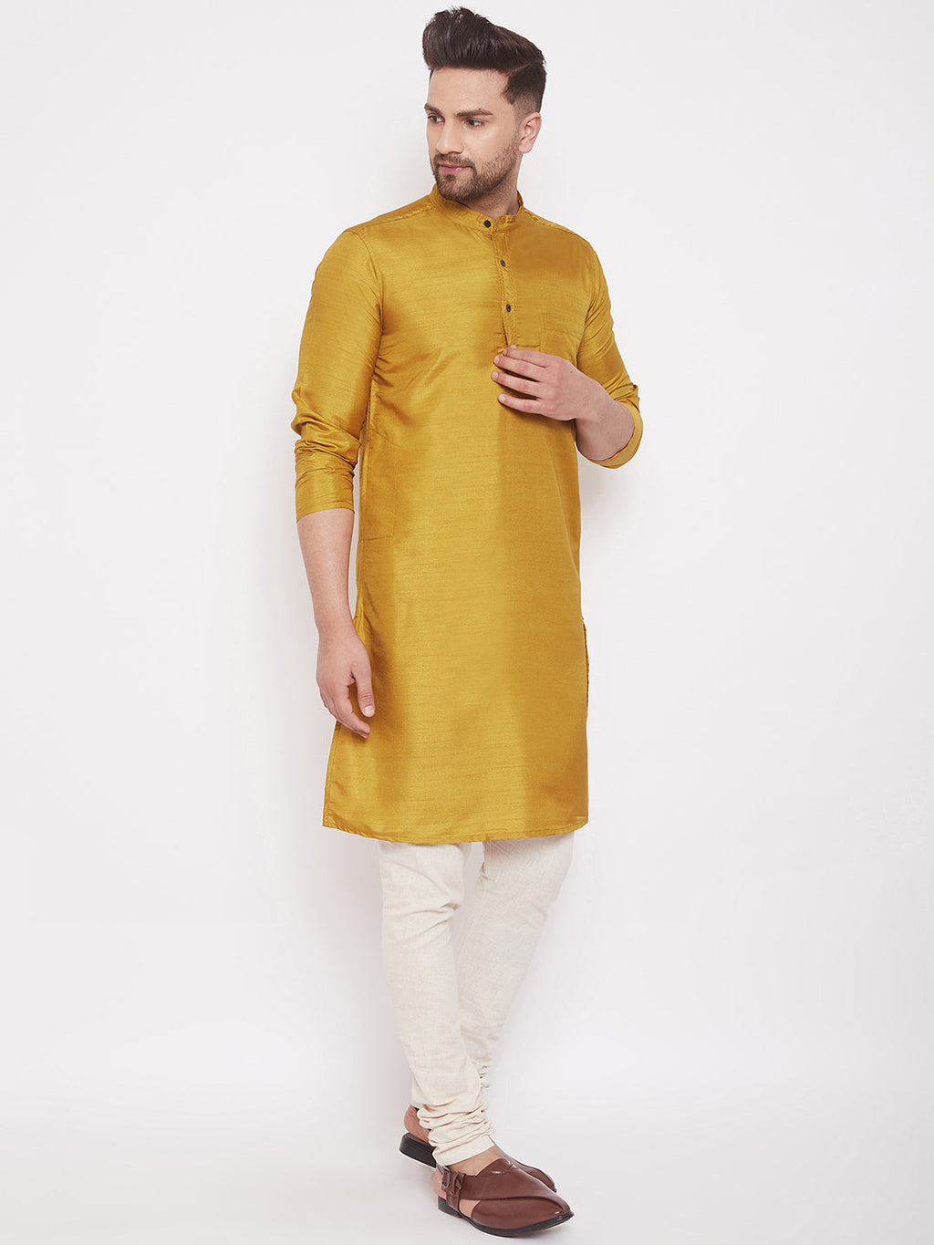 Even Apparels Mustard Yellow Pure Cotton Kurta With Band Collar