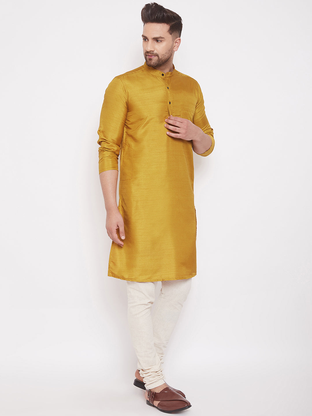 Even Apparels Mustard Yellow Pure Cotton Kurta With Band Collar