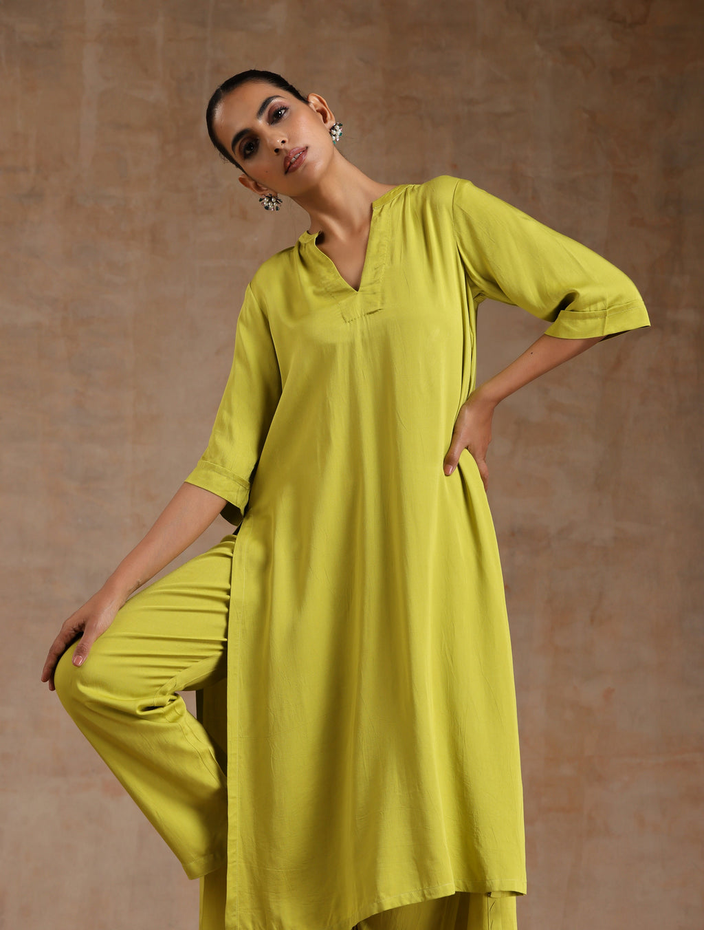 trueBrowns Lime Modal Satin High-Low Relax Kurta Set