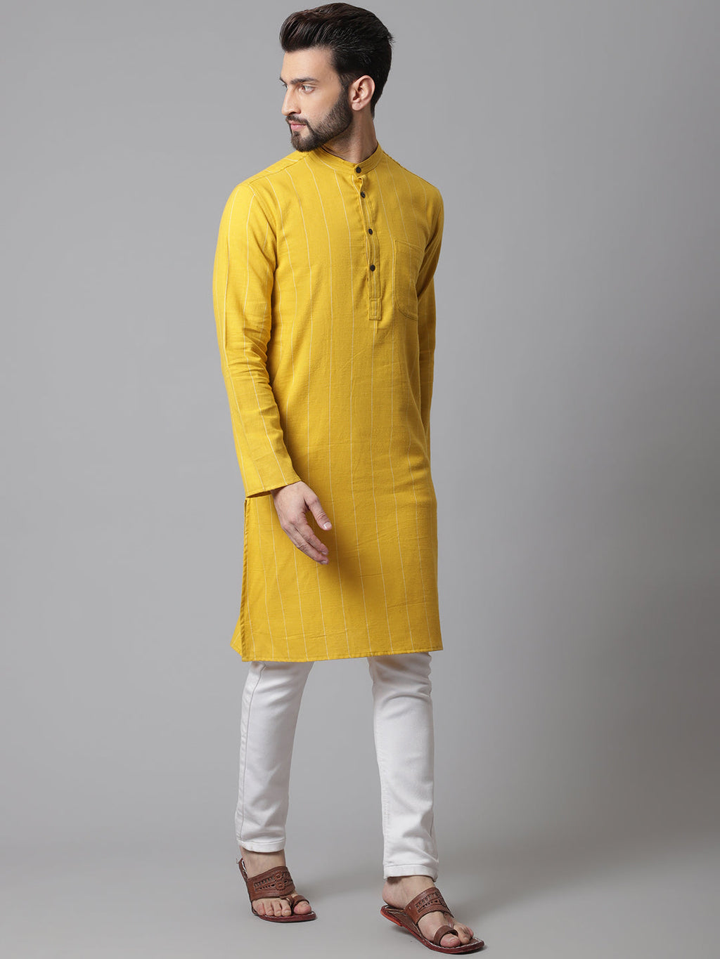 Even Apparels Yellow Pure Cotton Kurta With Band Collar