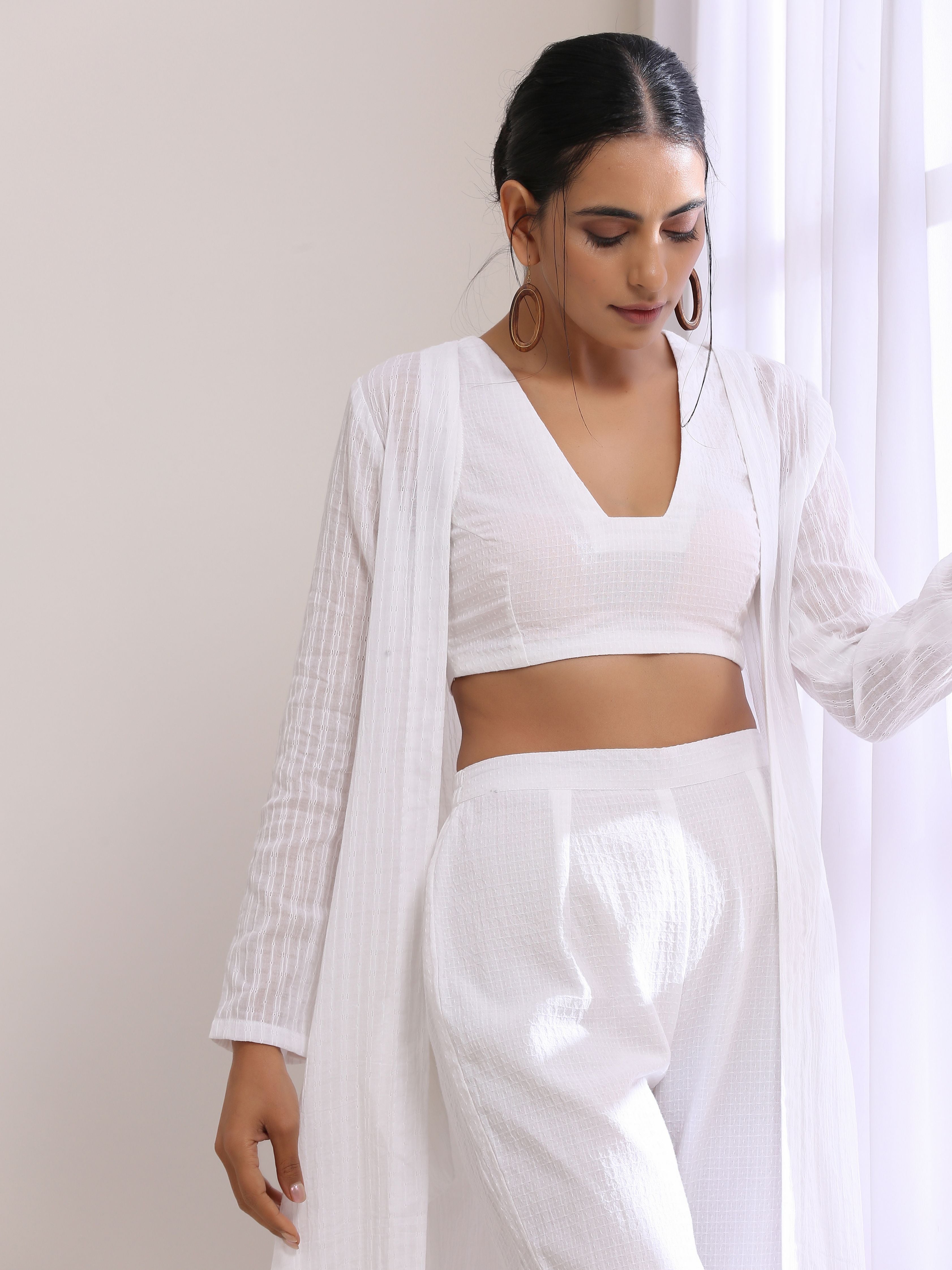 trueBrowns White Dobby Overlay Jacket Blouse Pant Set