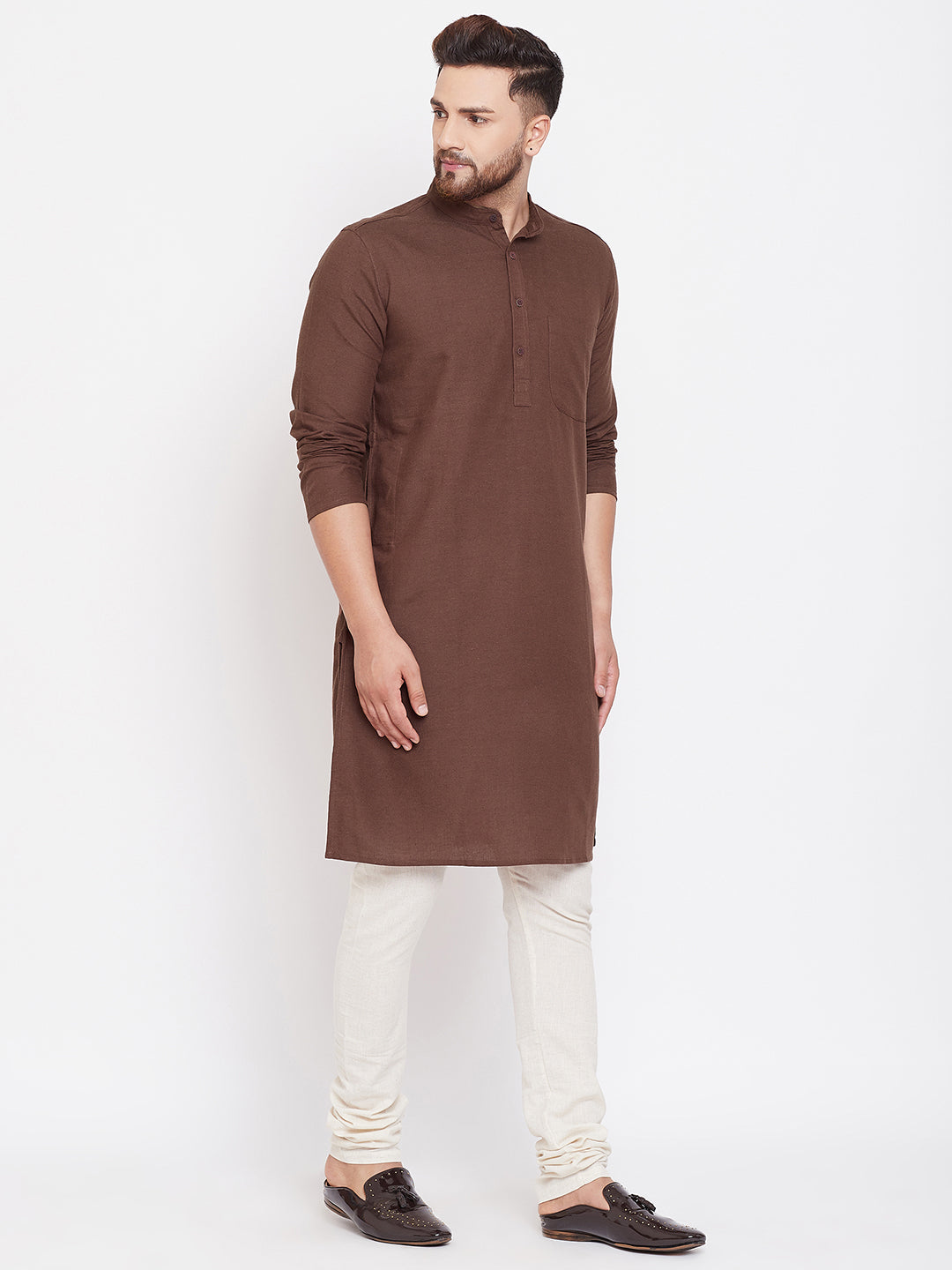 Even Apparels Brown Solid Kurta With Band Collar