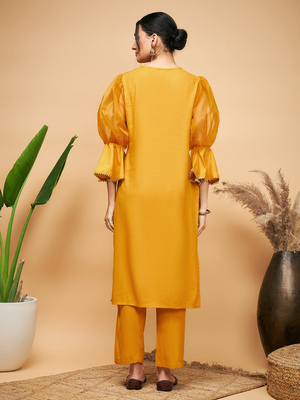 InWeave Women's Mustard Organza Sleeve Kurta Set