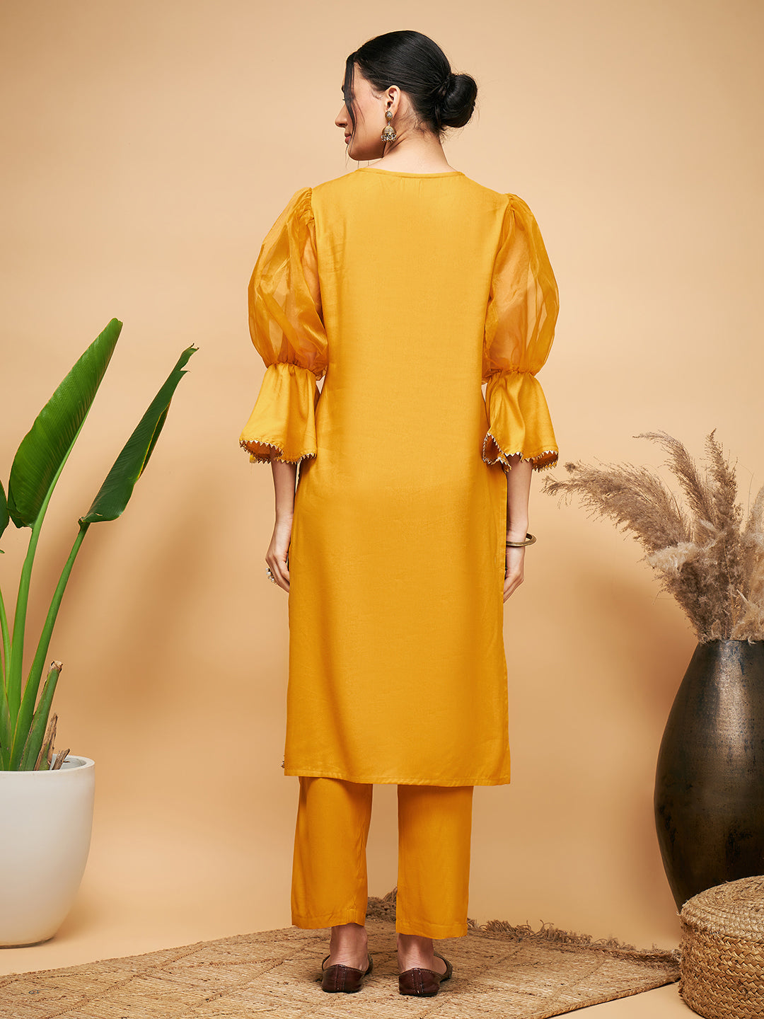 InWeave Women's Mustard Organza Sleeve Kurta Set