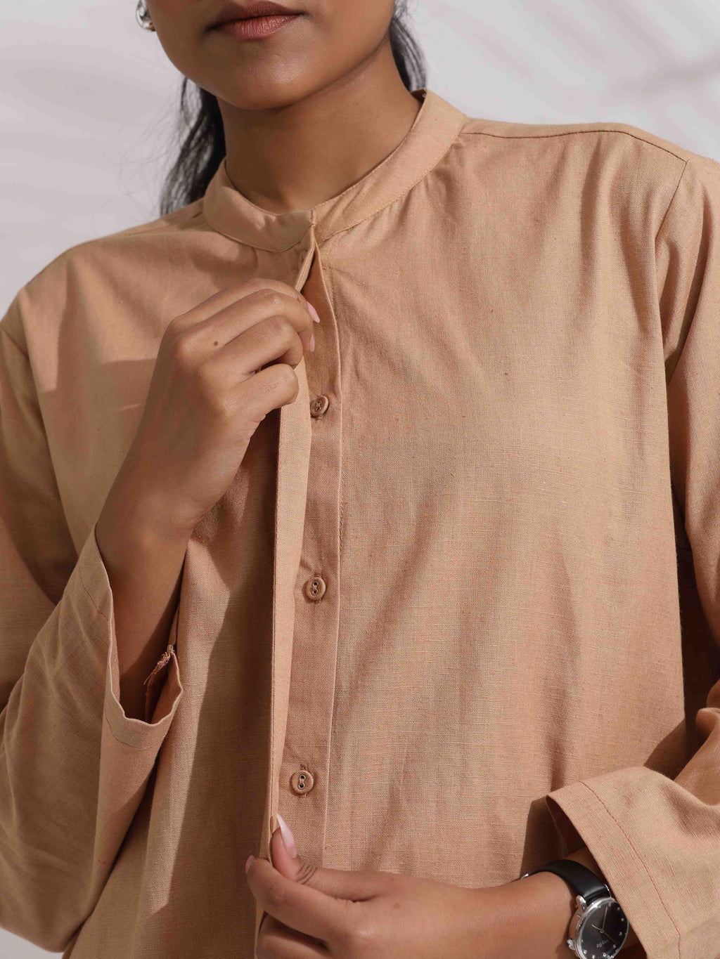 trueBrowns Beige Cotton Embroidered Shirt Top Co-ord Set