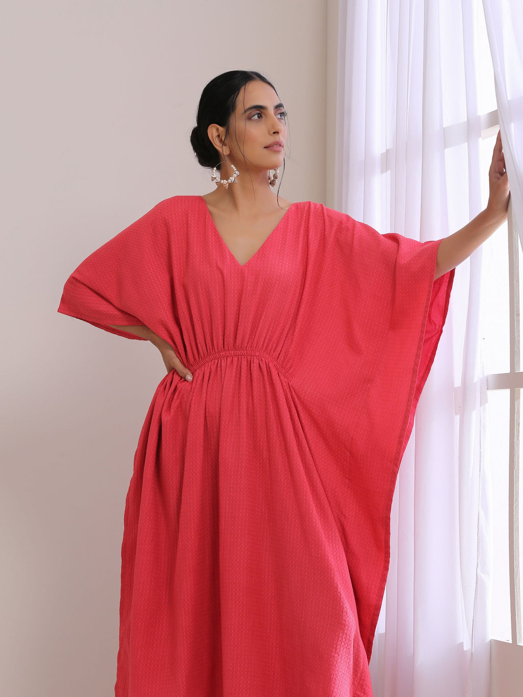 trueBrowns Bright Pink Dobby Kaftan Dress