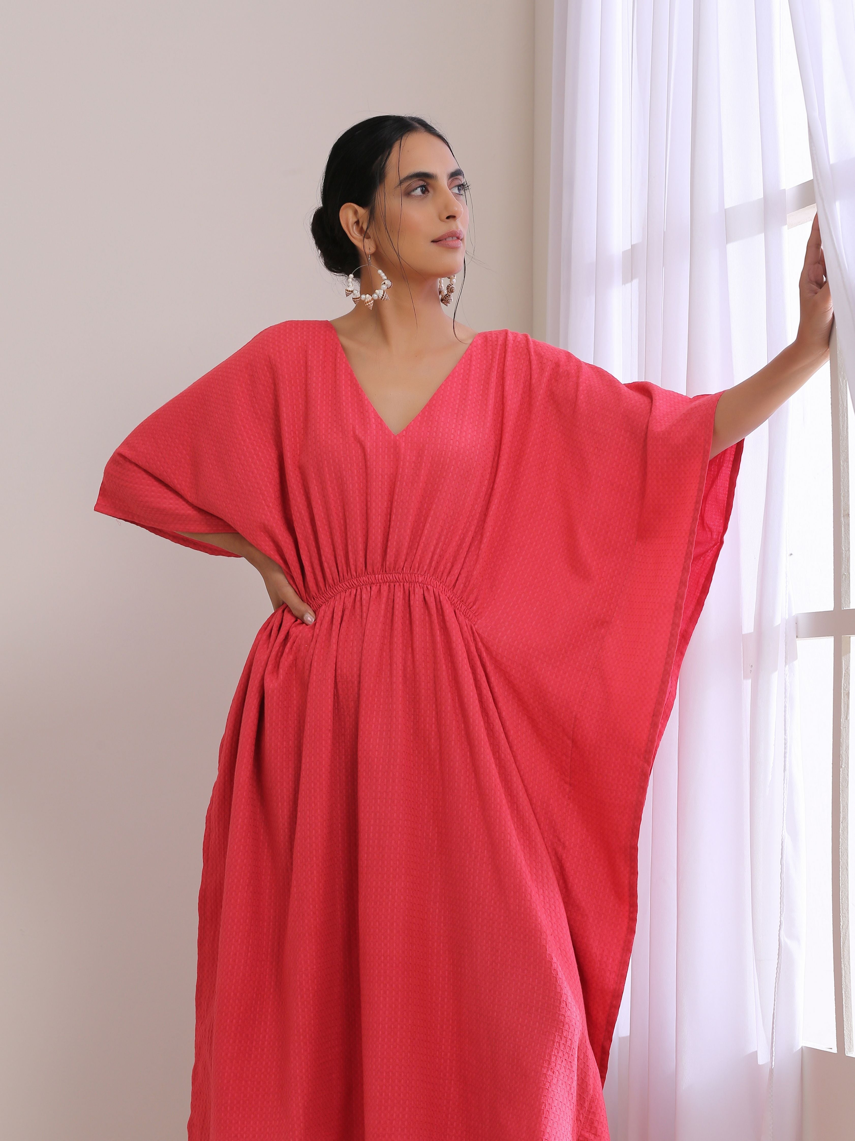 trueBrowns Bright Pink Dobby Kaftan Dress