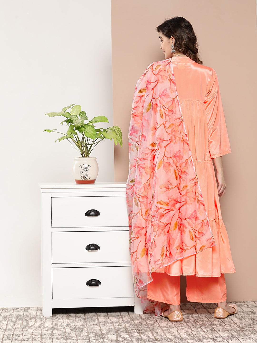 InWeave Women's Peach Tiered Anarkali Kurta Set