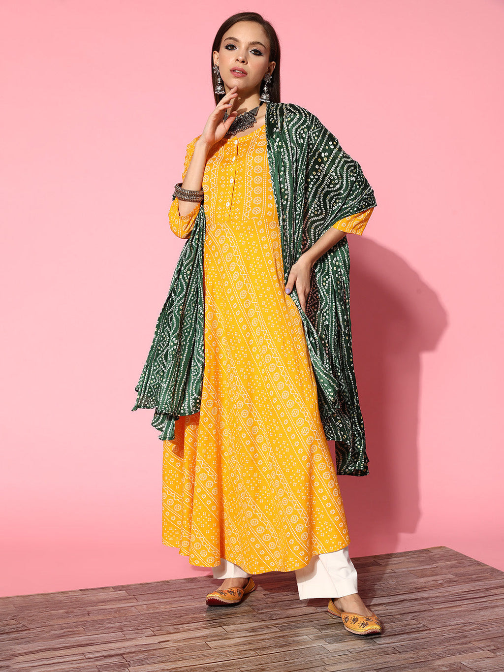 InWeave Women's Yellow Bandhani Long Anarkali Kurta With Green Bandhani Dupatta