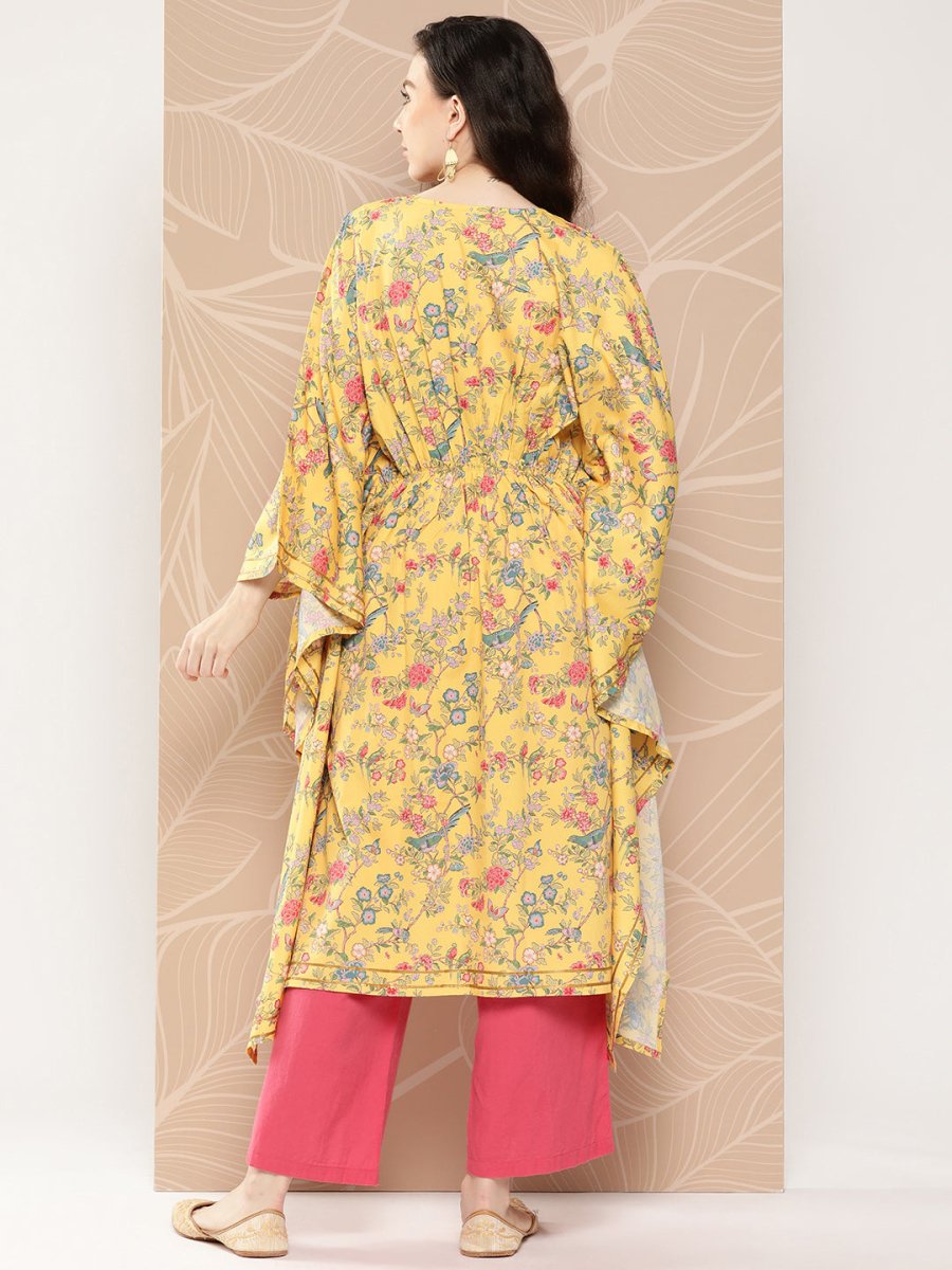 Ahalyaa Women Floral Printed Flared Sleeves Gotta Patti Floral Crepe Kaftan Kurta