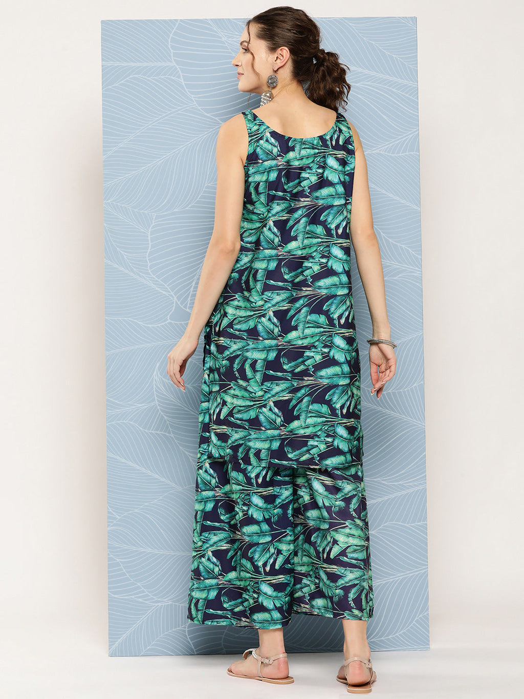 InWeave Women's Navy Green Big Leaf Print Crepe Kurta Set
