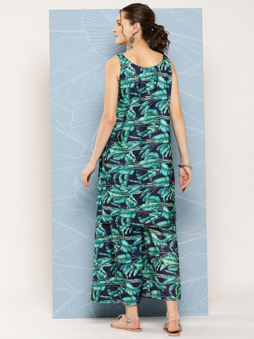 InWeave Women's Navy Green Big Leaf Print Crepe Kurta Set