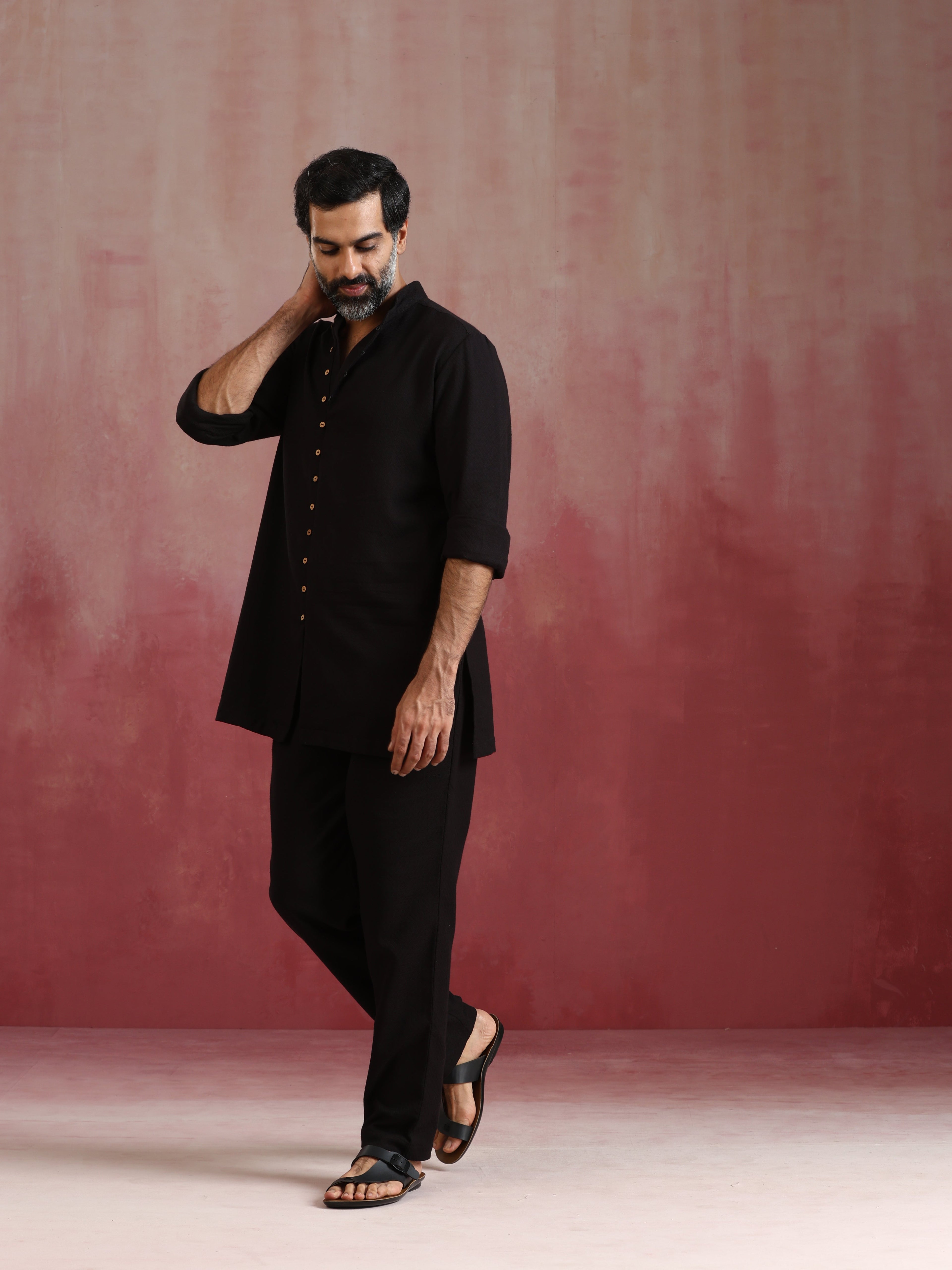 trueBrowns Men's Black Cotton Dobby Kurta Co-ord Set