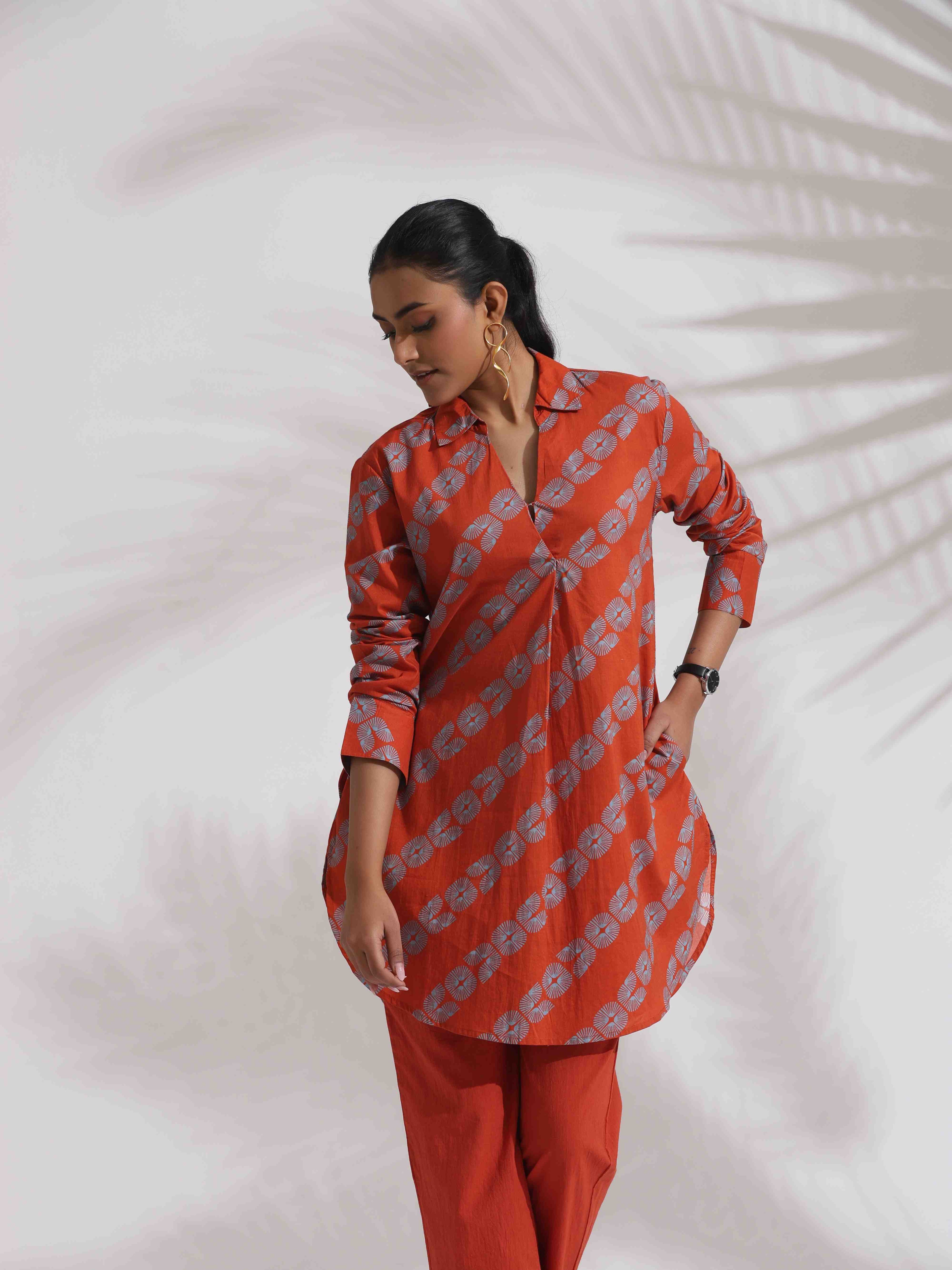 trueBrowns Orange Cotton Print Co-ord Set