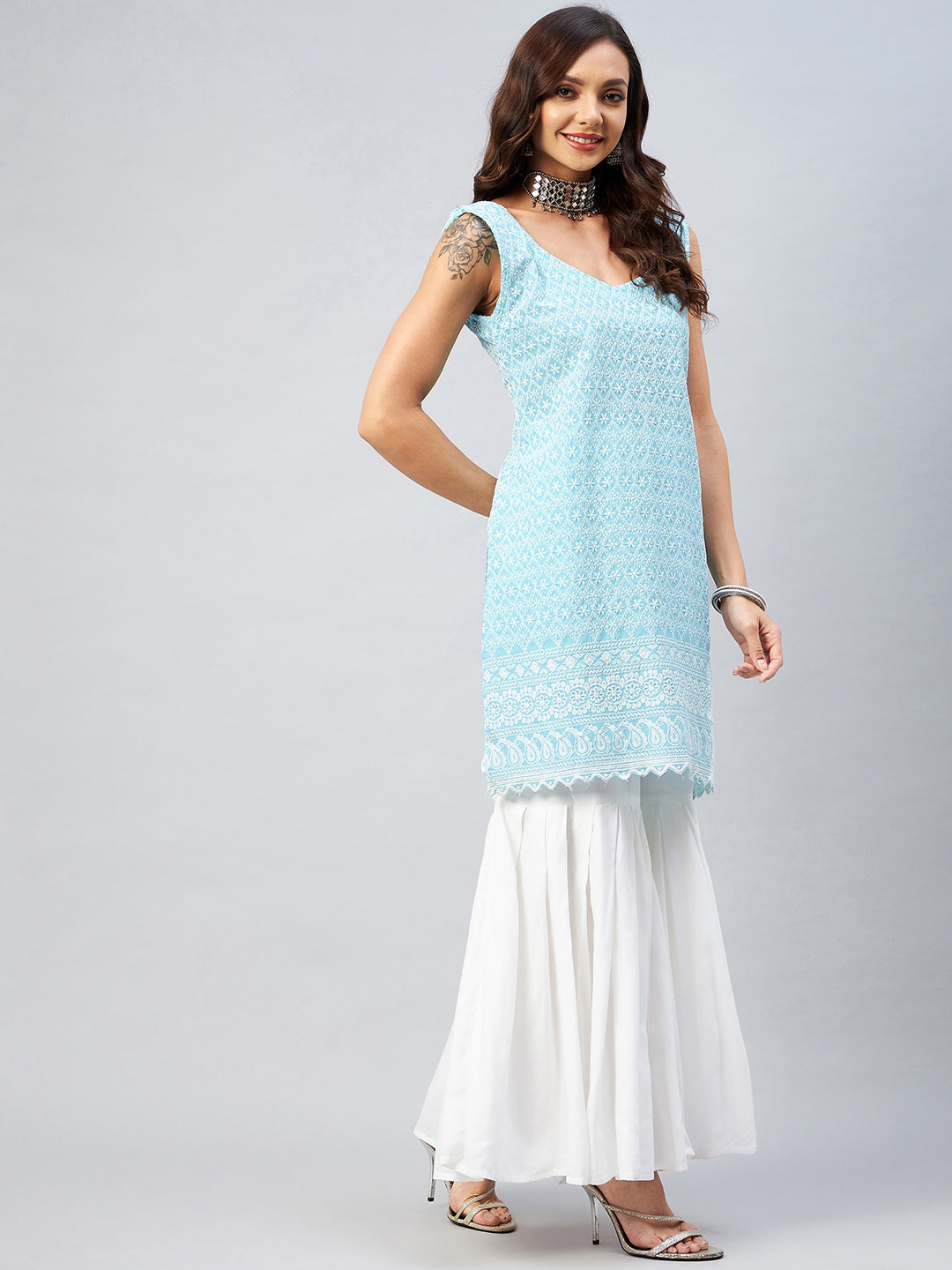 InWeave Women's Sky Blue Sweetheart Neckline Kurta
