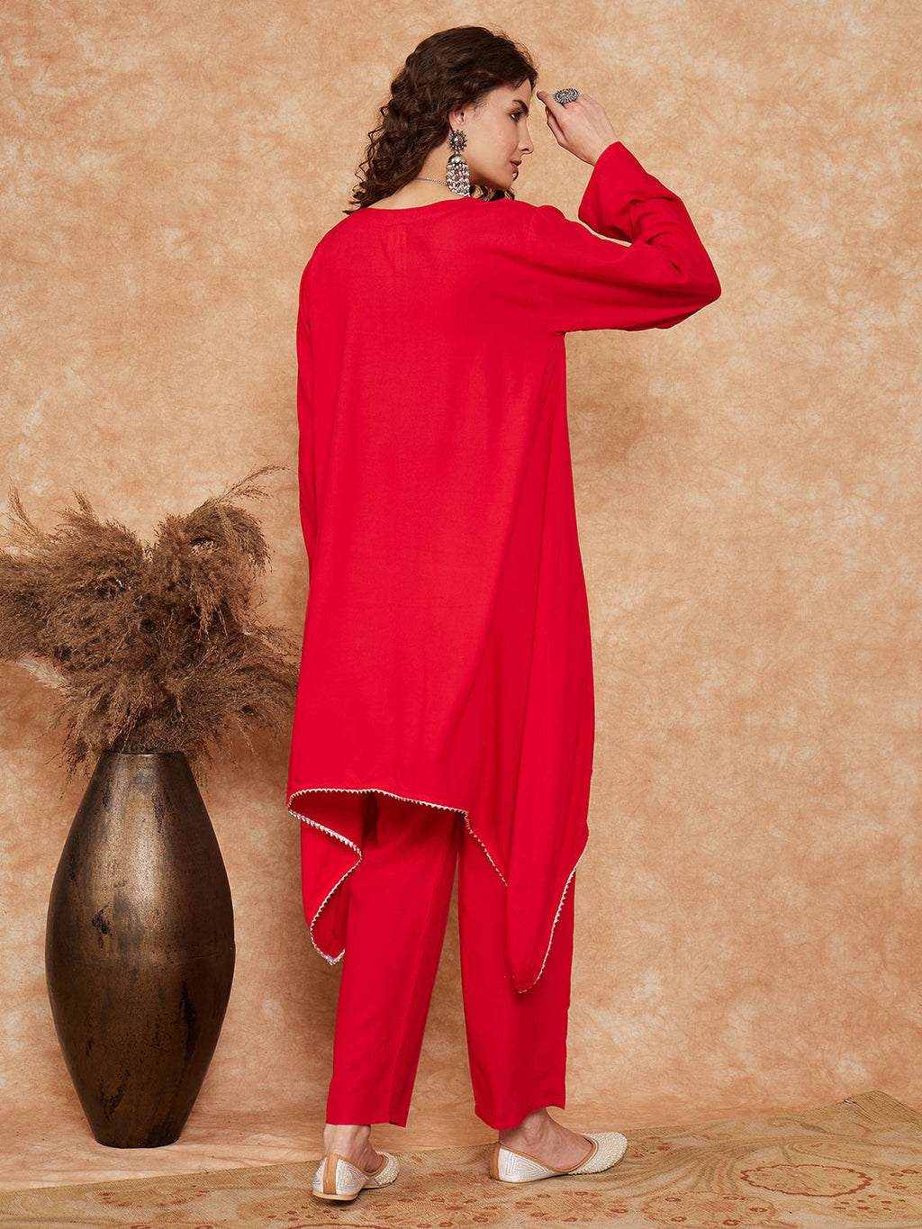 InWeave Women's Red Square Maroon Patch Work Assymentrical Kurta Set